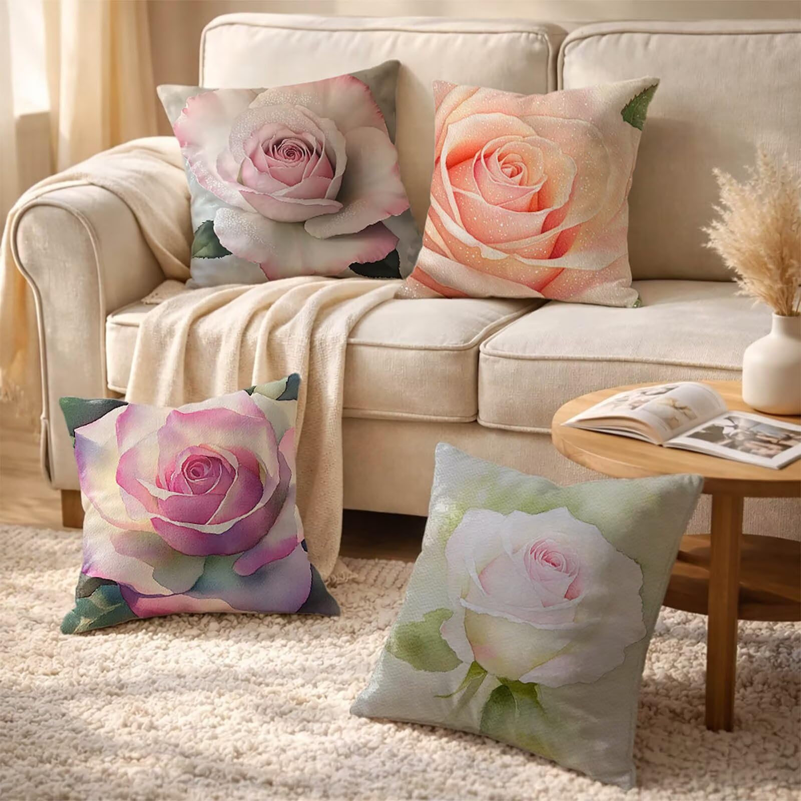 Kissenbezug 60x60 4 Pack, Wasserdicht Outdoor Sofakissen Bezug Rose Deko Kissenbezug 60x60cm, Doppelseitiger Druck Quadrat Kopfkissenbezug Rosa für Schlafzimmer Deko Wohnzimmer Geschenke Model-08175