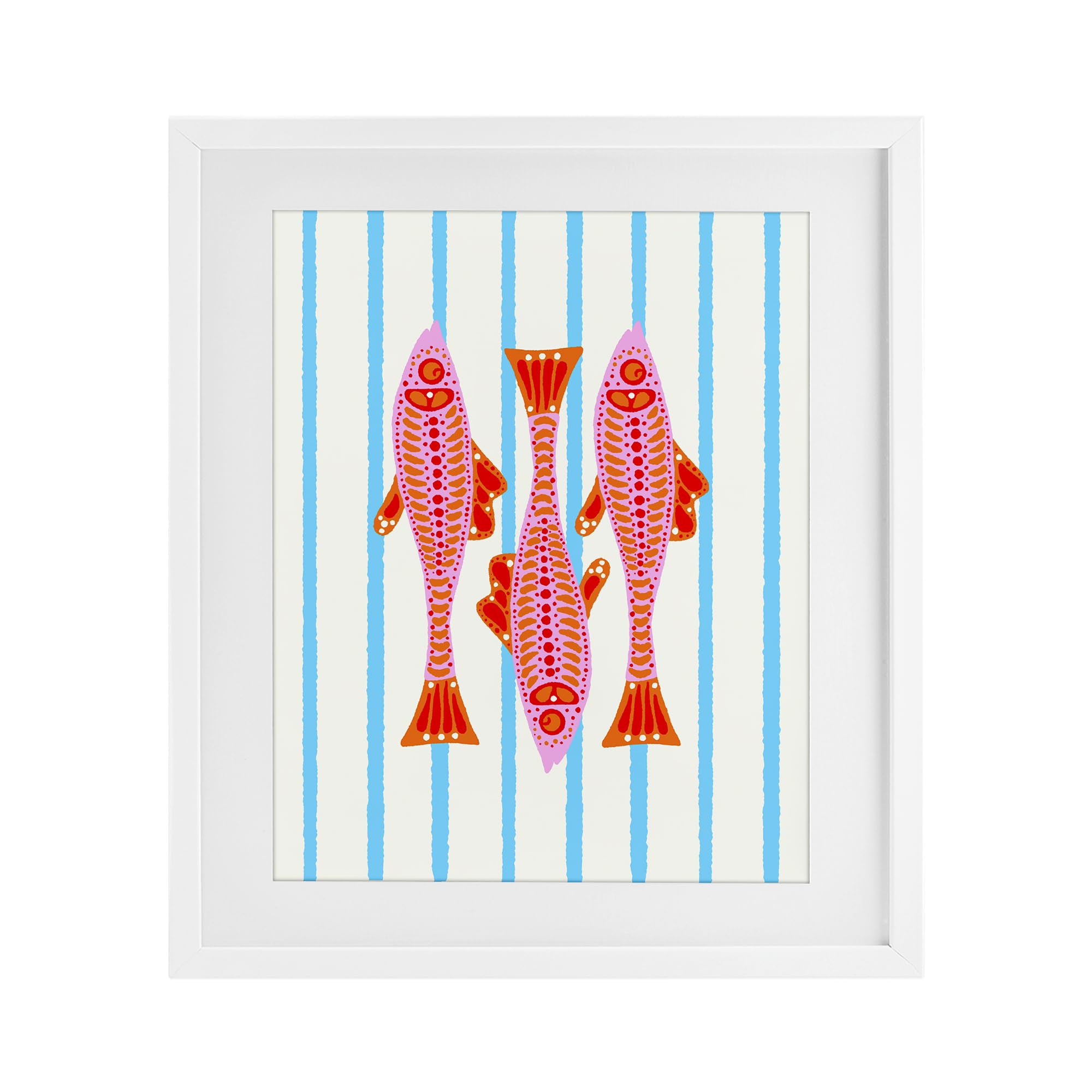 Stupell Industries Coastal White (Textured) 'Bright Aquatic Fish On Stripes'| Framed Print Under Glass