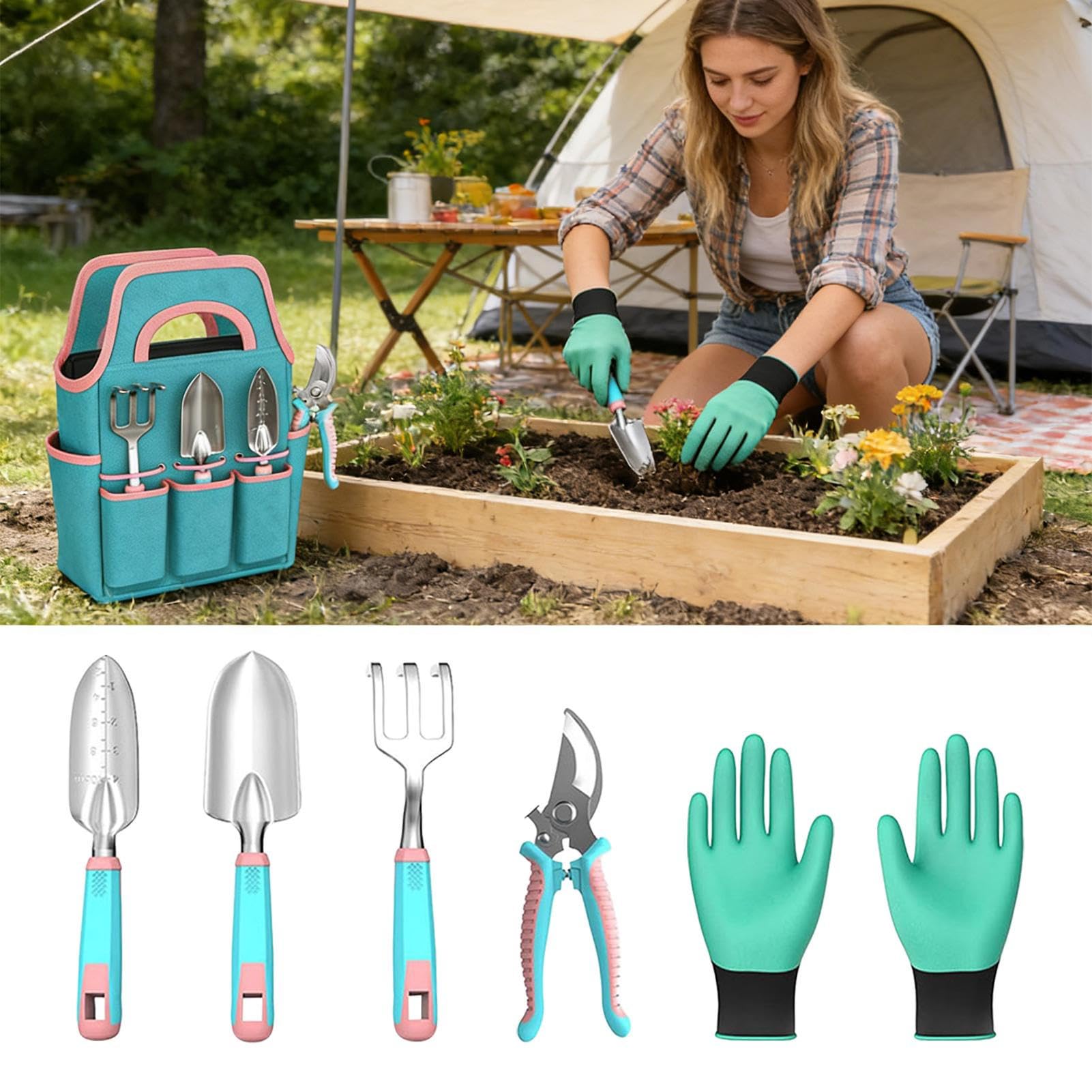 Kit D'Outils De Jardinage Transplantoir Grattoir Sécateur avec Gants