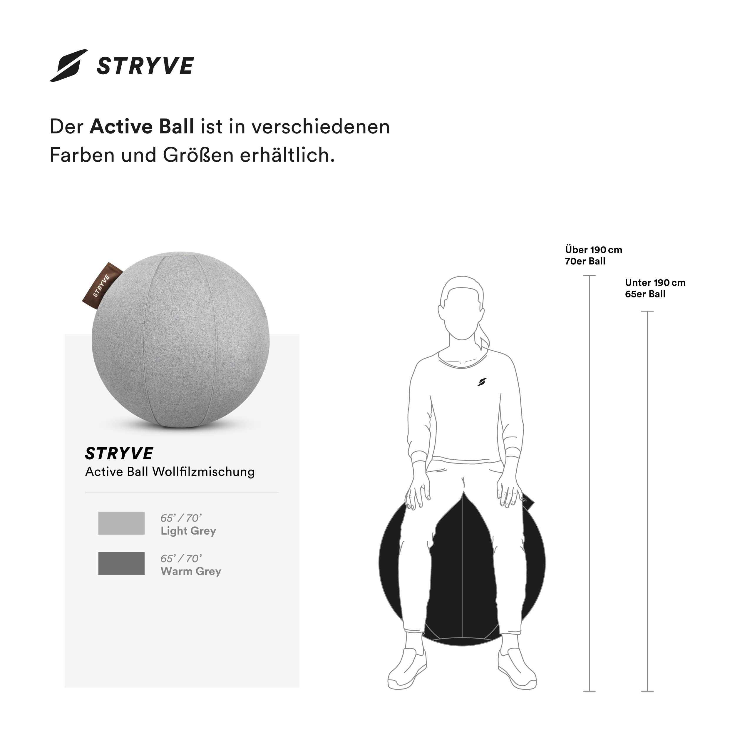 STRYVE Sitzball Büro 65,70cm - 100% Merinowolle - Ergonomischer Gymnastikball mit waschbarem Bezug und Wegrollschutz, inkl. Luftpumpe - Bis 150kg - Als Bürostuhl, Hocker (Wollfilz Light Grey, 65cm)