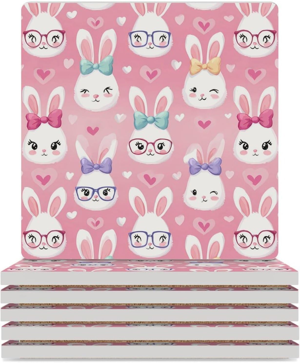 Bunny Hand Drawn Rabbits Coaster for Drinks Square Ceramic Table Coasters Stone Mat Crafts 4PCS Home Kitchen Decor