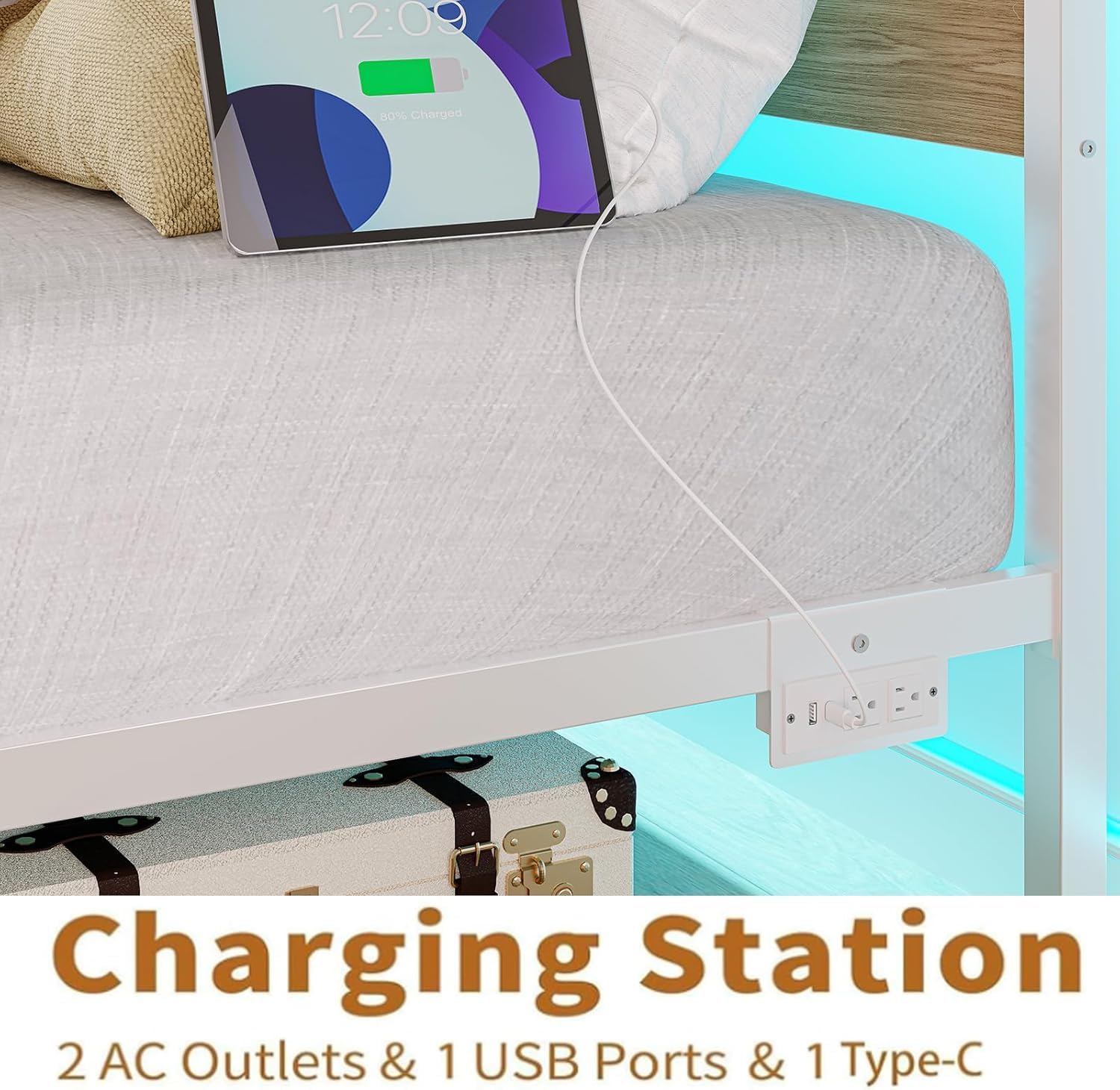 Bed Frame Full Size with USB Charging Station, LED Light Metal Bed Frame with Wooden Headboard, Metal Platform Bed with Under Bed Storage, Easy Assembly, No Box Spring Needed, Noise Free(Witch)