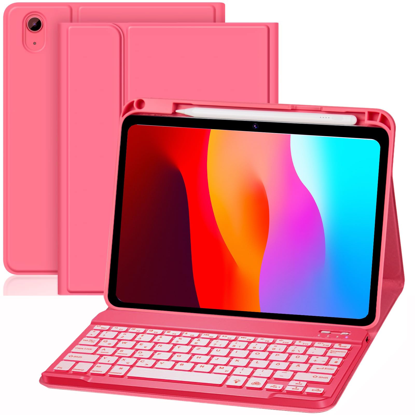 Hülle Tastatur für iPad (A16) 11./10. Generation (2025/2022), (11/10.9 Zoll) - QWERTZ, 7 Farben Beleuchtete, Magnetische Abnehmbar Bluetooth Tastatur, Soft TPU Rückseite Gehäuse mit Stifthalter (Pink)