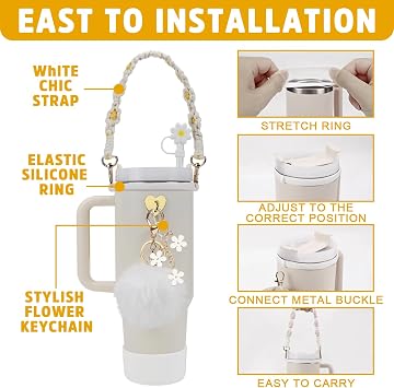Stanley Cup Accessories Set, 7PCS Stanley Cup Decor Includes Stanley Straw Cover, Water Bottle Handle Strap, Silicone Stanley Cup Boot, Stanley Charms for Stanley Cup 40oz & 30 oz Tumbler (White)