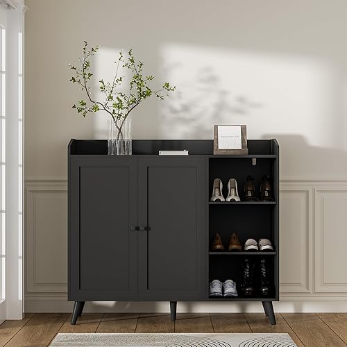 Miniatura 4 de DIYART Armario de almacenamiento de zapatos de roble que se ajusta hasta el tamaño de zapato 16, armario de zapatos de 5 niveles con puertas y