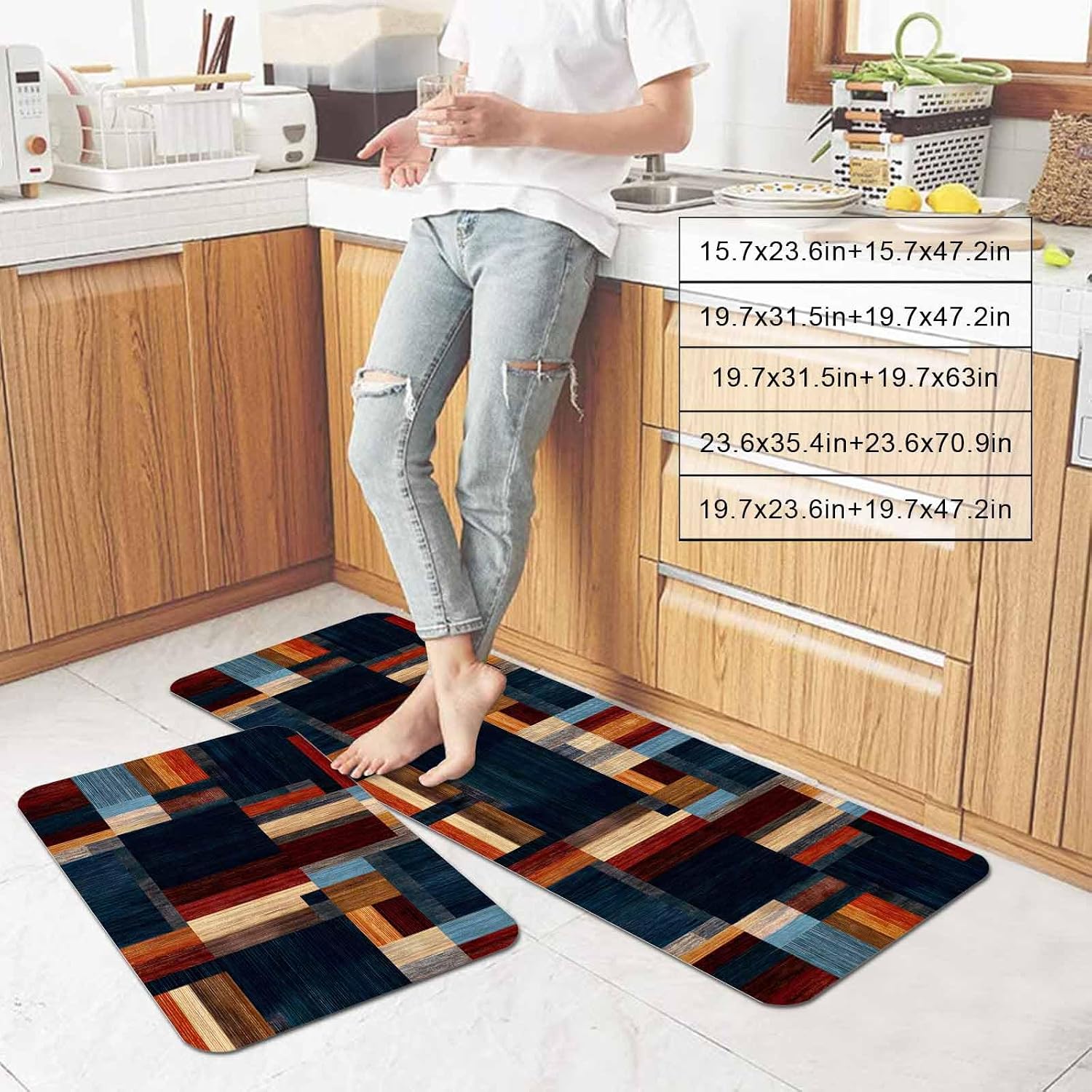 Modern Abstract Kitchen Mat Set 2 Pieces Geometric Architectural Art Color Blocks in Deep Navy Non Slip Kitchen Rugs Washable Runner Rug Mats for Sink Laundry (15.7" x 23.6"+15.7" x 47.2")