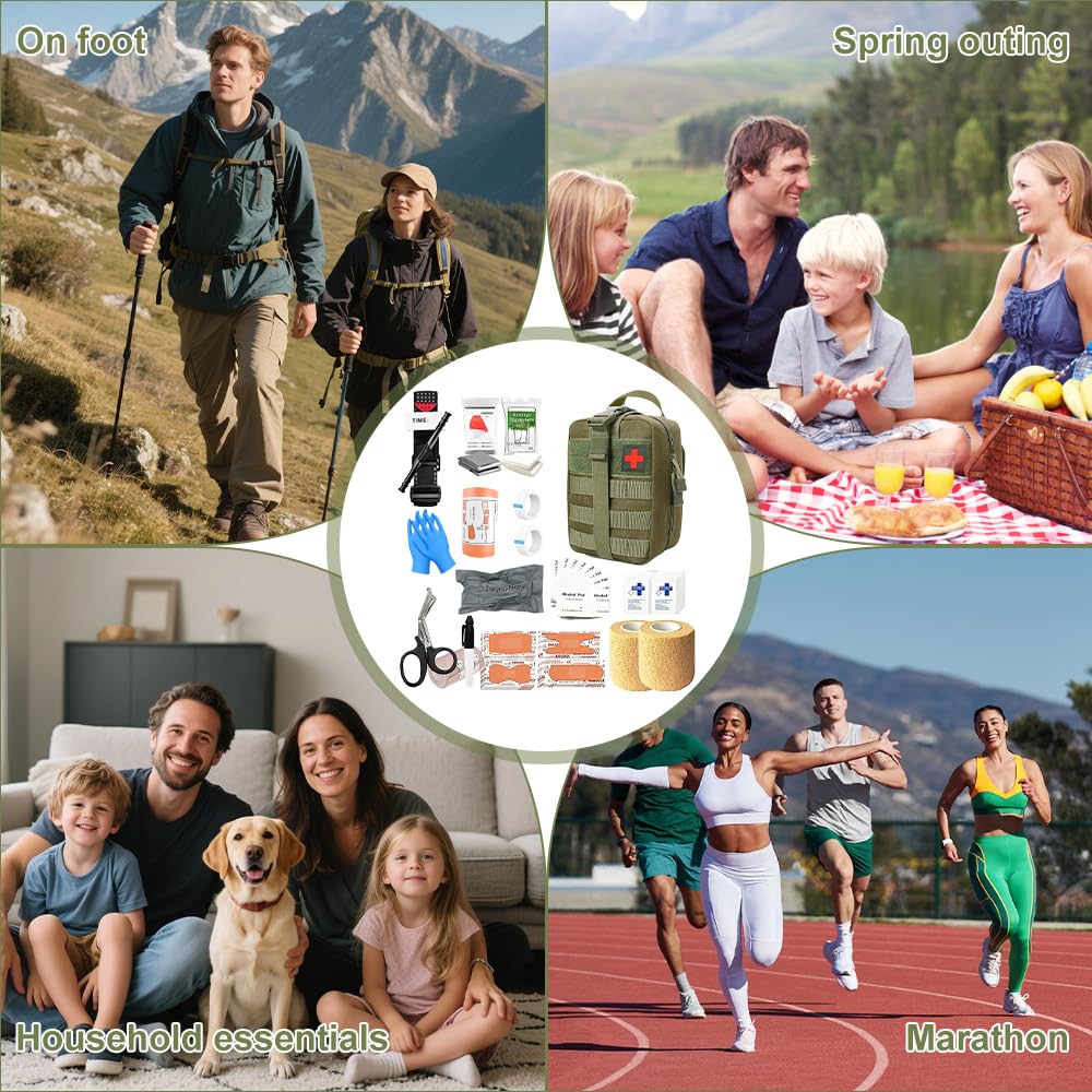 Trousse de Secours Tactique 49 Accessoires - Kit de Survie Médical pour Activités en Plein Air, Moto, Escalade et Bivouac - Sacoche de Premiers Soins Portable et Résistante(Vert)