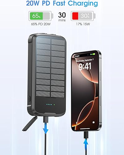 Miniatura 4 de Cargador solar con cargador de batería externa PD de 20 W de carga rápida, cargador de teléfono portátil de 40000 mAh, 4 cables integrados con