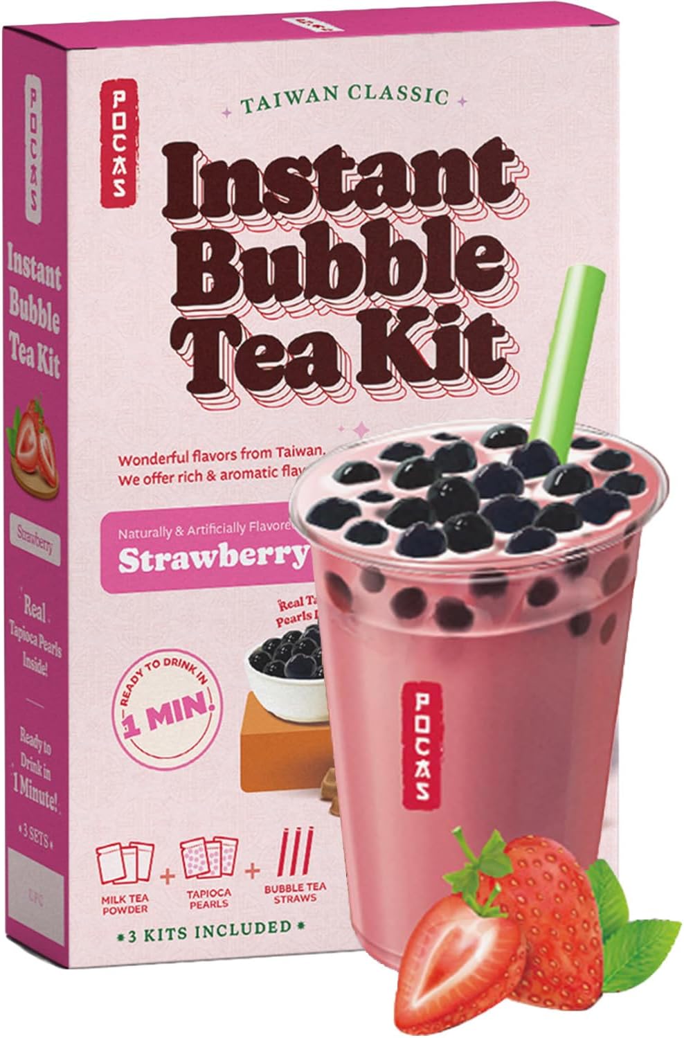Pocas Bubble Tea Kit, Strawberry – Milk Tea Powder with Tapioca Pearls, Boba Straws, 3 Kits