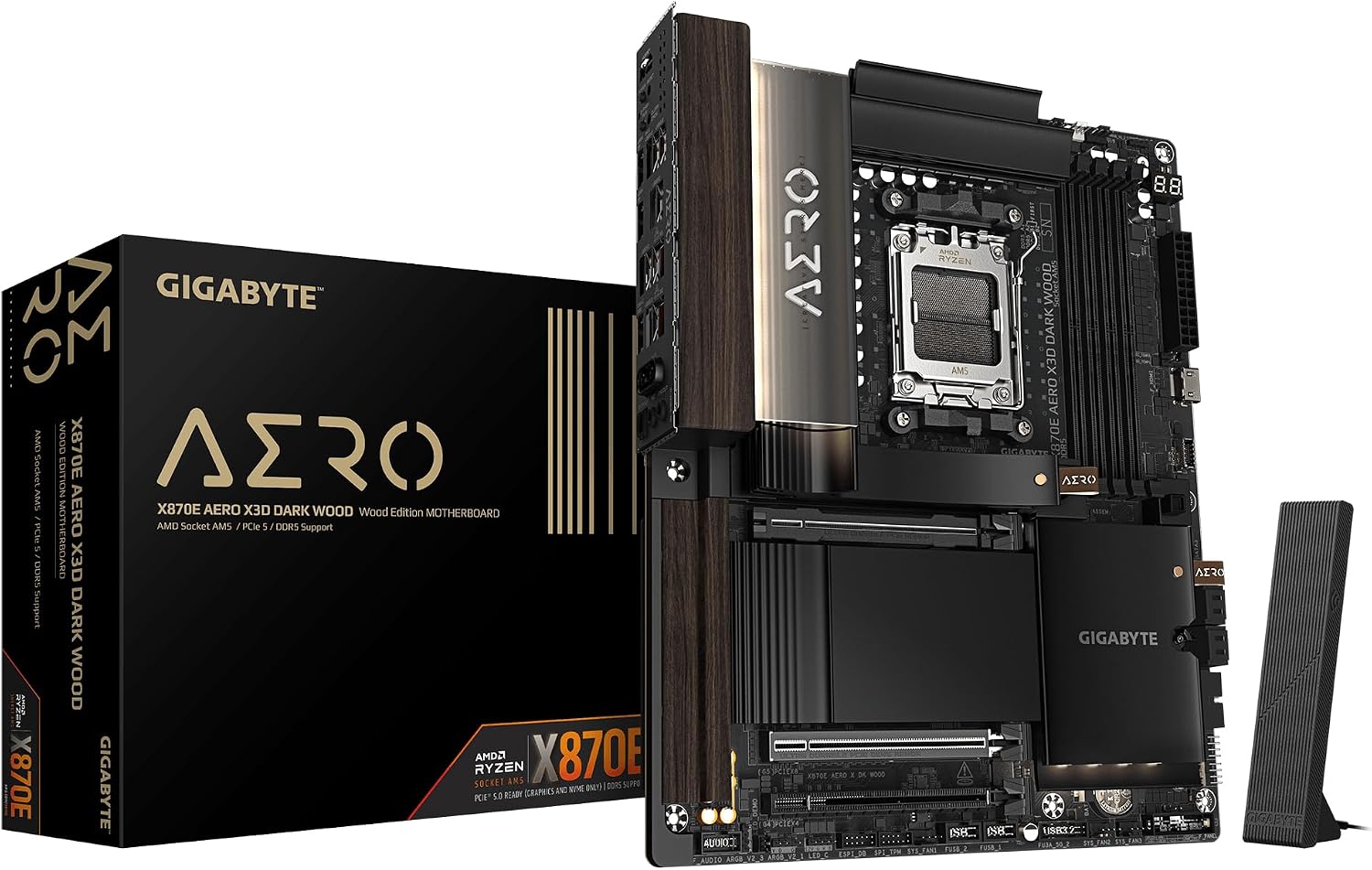 GIGABYTE X870E AERO X3D Dark Wood Mainboard – Unterstützt AMD Ryzen 9000 CPUs, digitales 16+2+2-Phasen-VRM, bis zu 9000 Hz DDR5 (OC), 2× PCIe 5.0 + 2× PCIe 4.0, Wi-Fi 7, 5-GbE-LAN, USB 4