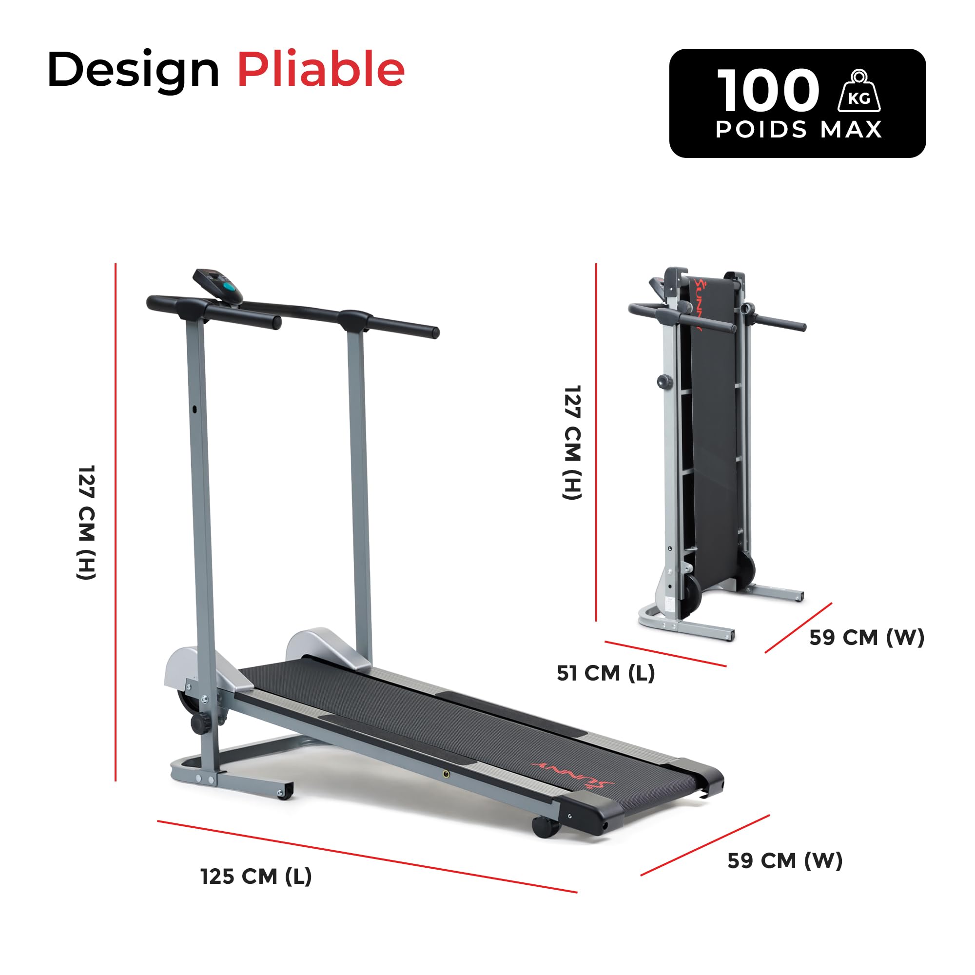 Sunny Health & Fitness Tapis de Course Manuel Non Électrique Pliable