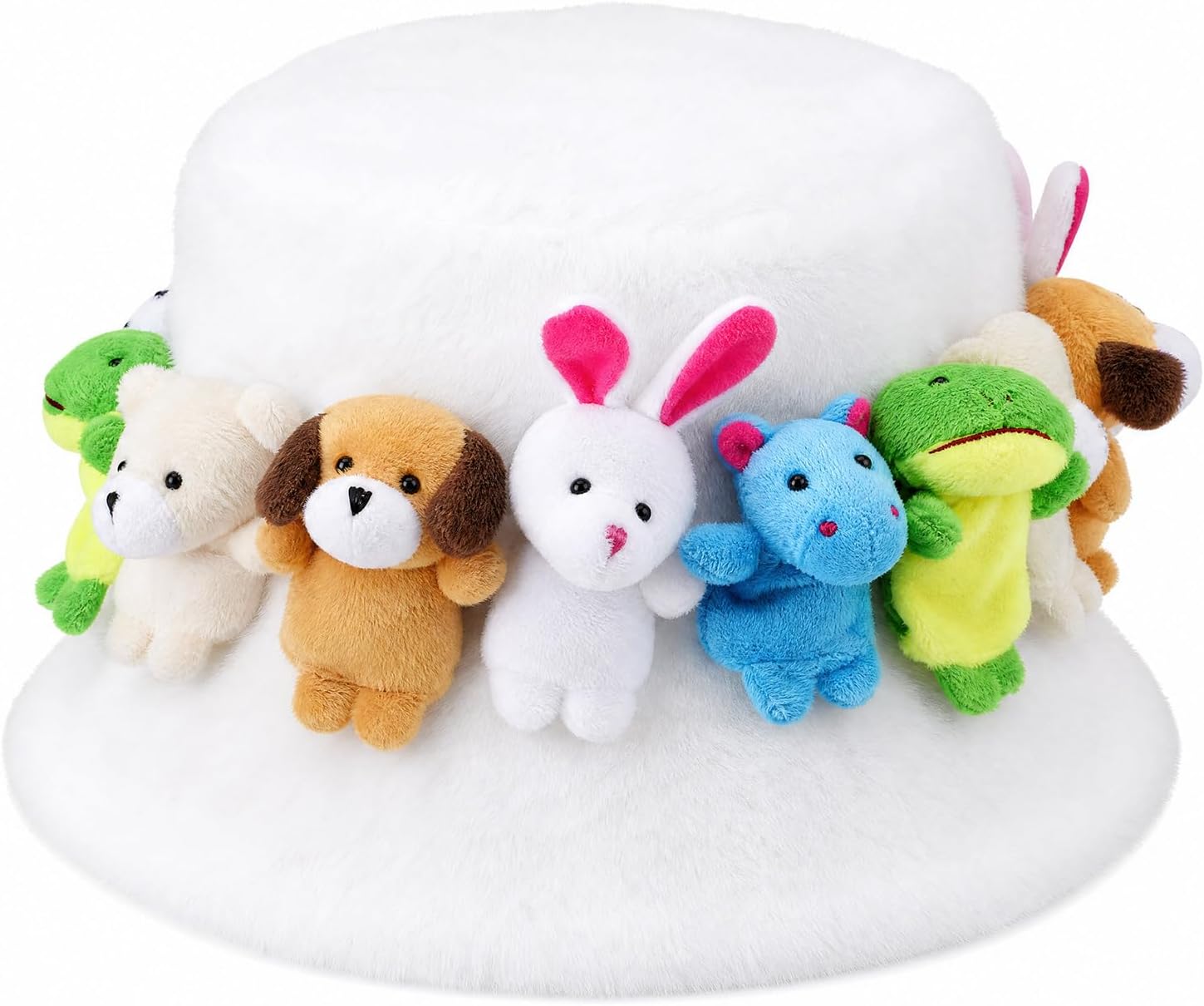 Janmercy White Faux Fur Plush Bucket Hat with 3D Mini Stuffed Animals