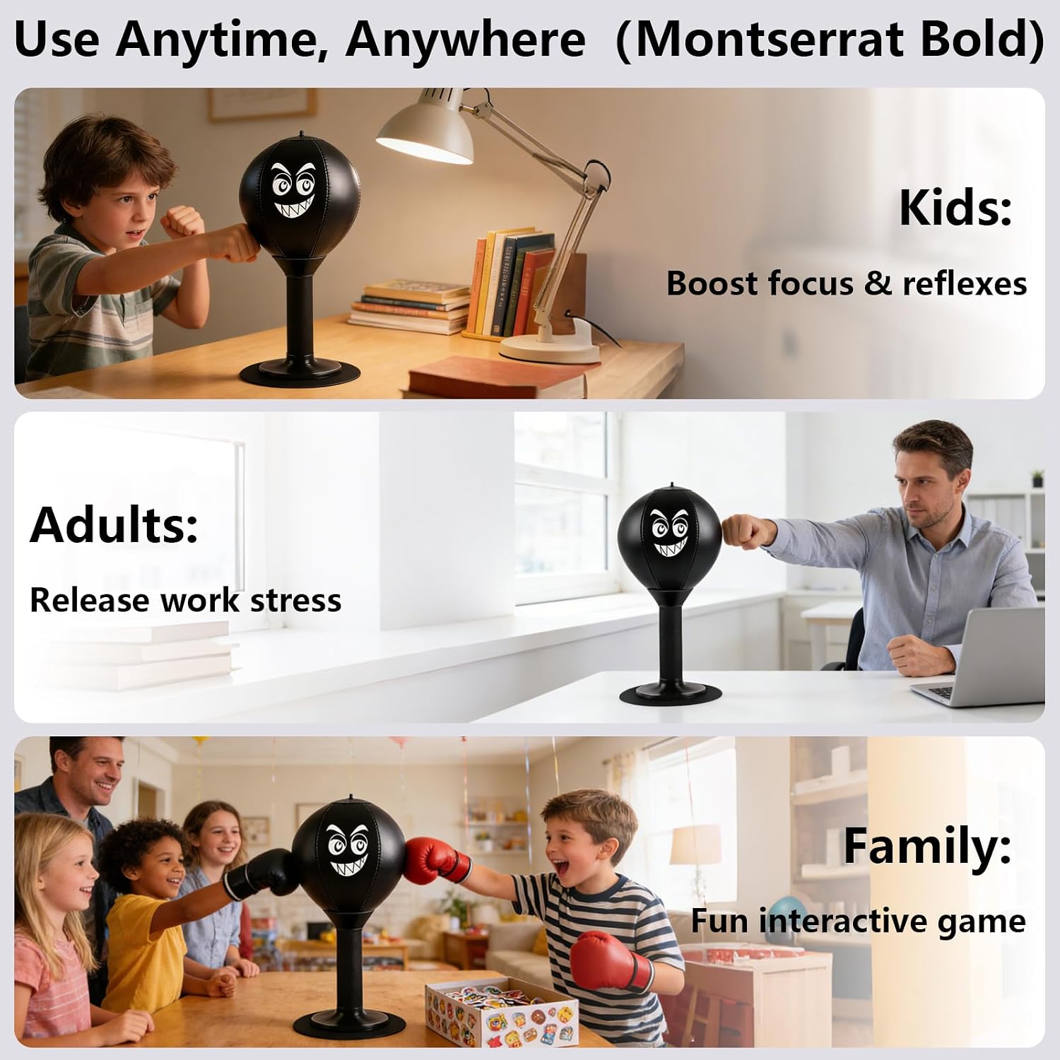 Desk Punching Bag - Adjustable 14.6 Inches Height with Weighted Base for Adults & Kids, Fun Anti-Anxiety Toy for Home Office Desk, Improves Focus and Coordination, Easy Setup No Tools Needed