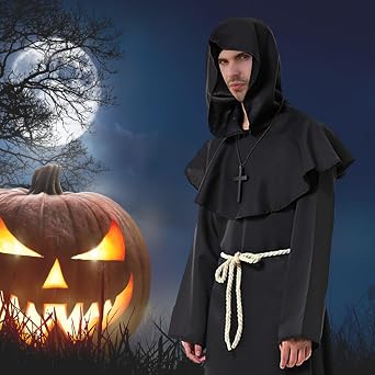 keelyy monk robe priest costume men's halloween costume with hood and cross monk priest robe men's monk's cowl for halloween carnival medieval renaissance