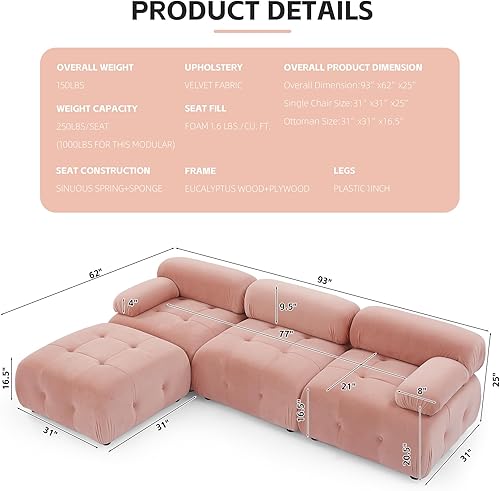 Miniatura 2 de DEINPPA Sofá modular modular de 93 pulgadas, sofá de terciopelo minimalista en forma de L, sofá convertible, muebles de sala para sala de estar,