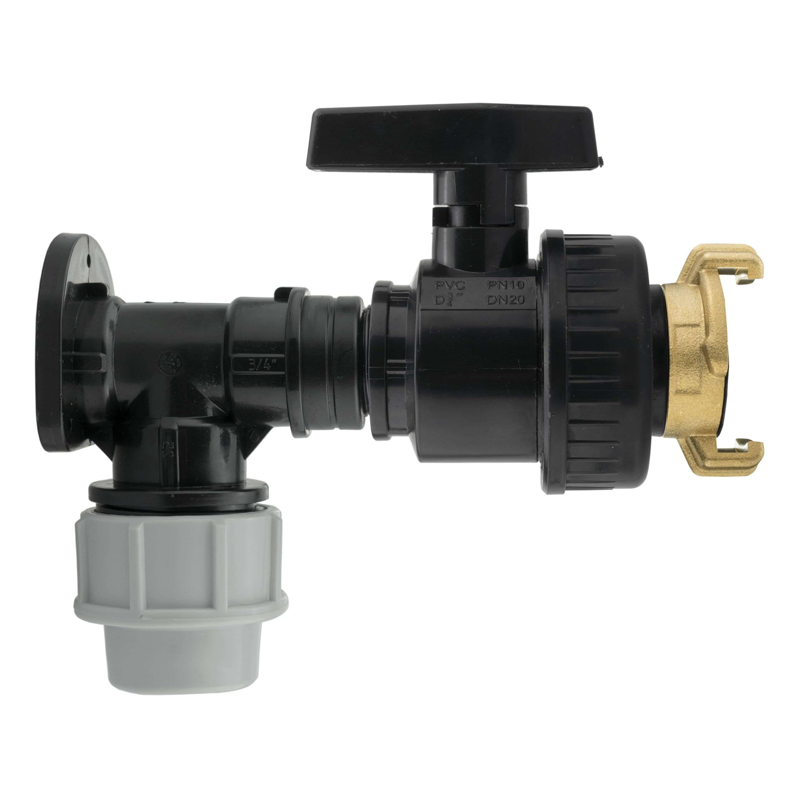  - 25mm Mdpe Wall Flange Kit With Large Plastic Ball Valve And Brass Geka Coupling 3/4" Bsp