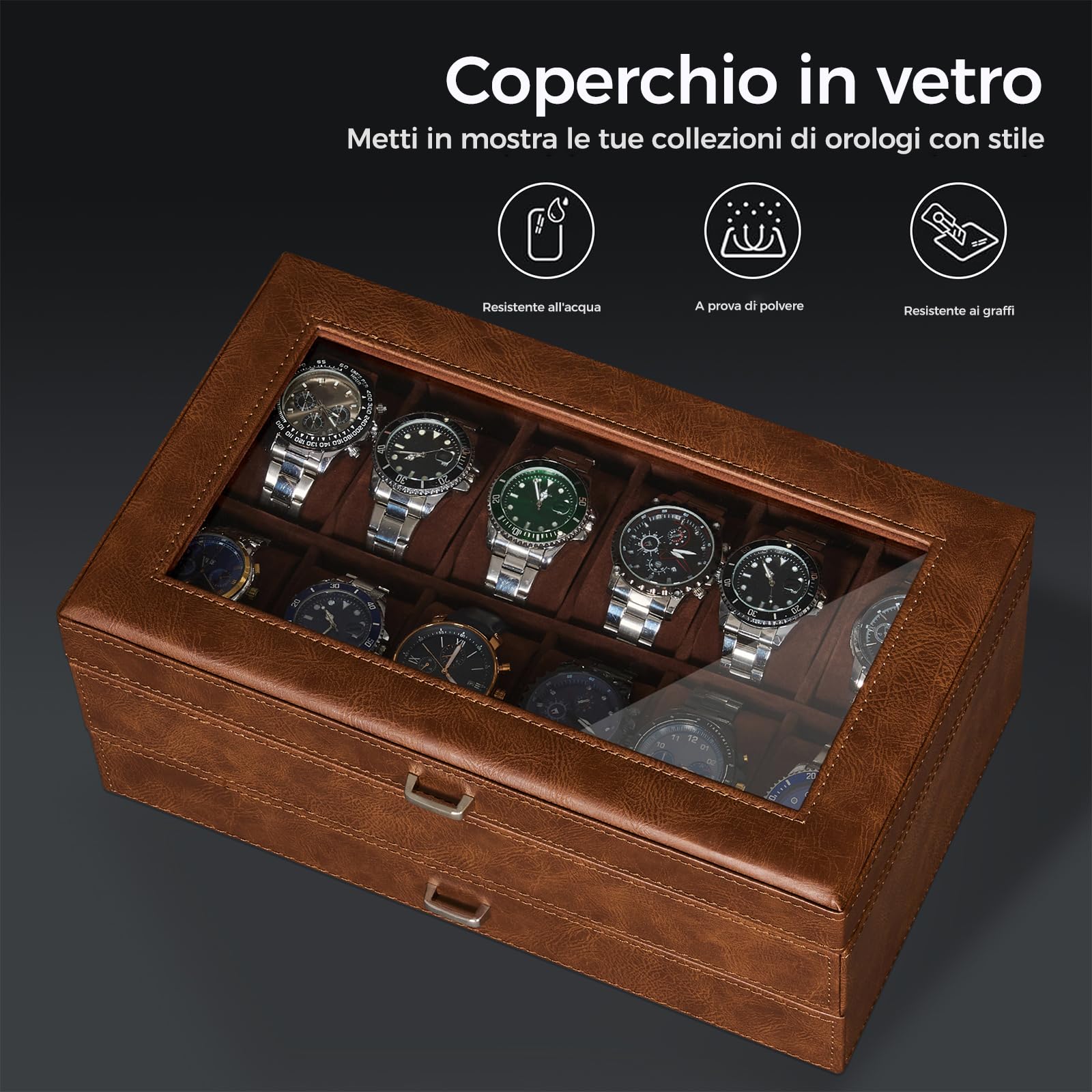 BEWISHOME Porta Orologi a 12 Scomparti, Porta Orologi Uomo a 2 Livelli, Un Classico Scatola Orologi, Cuscino per Orologio Rimovibile, Fodera in Velluto, Idea Regalo Marrone