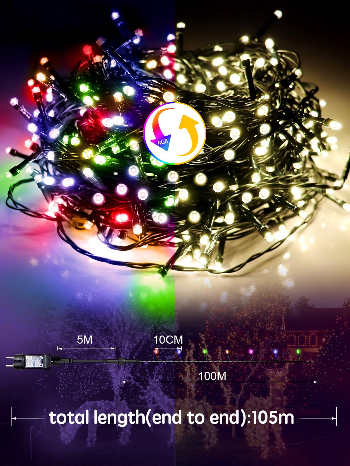 100M Lichterkette außen, 100 LED Lichterkette Weihnachtsbeleuchtung | Warmweiß/Bunt, mit Fernbedienung, 11 Modi, IP65 wasserdicht, Weihnachtsbaum aussen innen für Garten Balkon Hochzeit