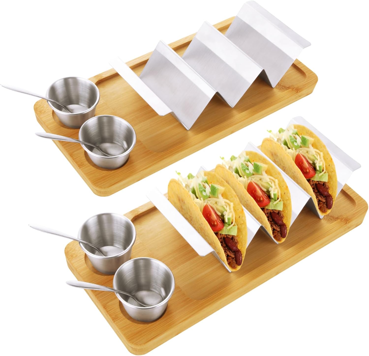 Taco Holder Stand Set of 2 - Stainless Steel Taco Shell Rack Holder with Serving Tray - Each Can Hold 3 Tortillas Stylish with Sauce Cup