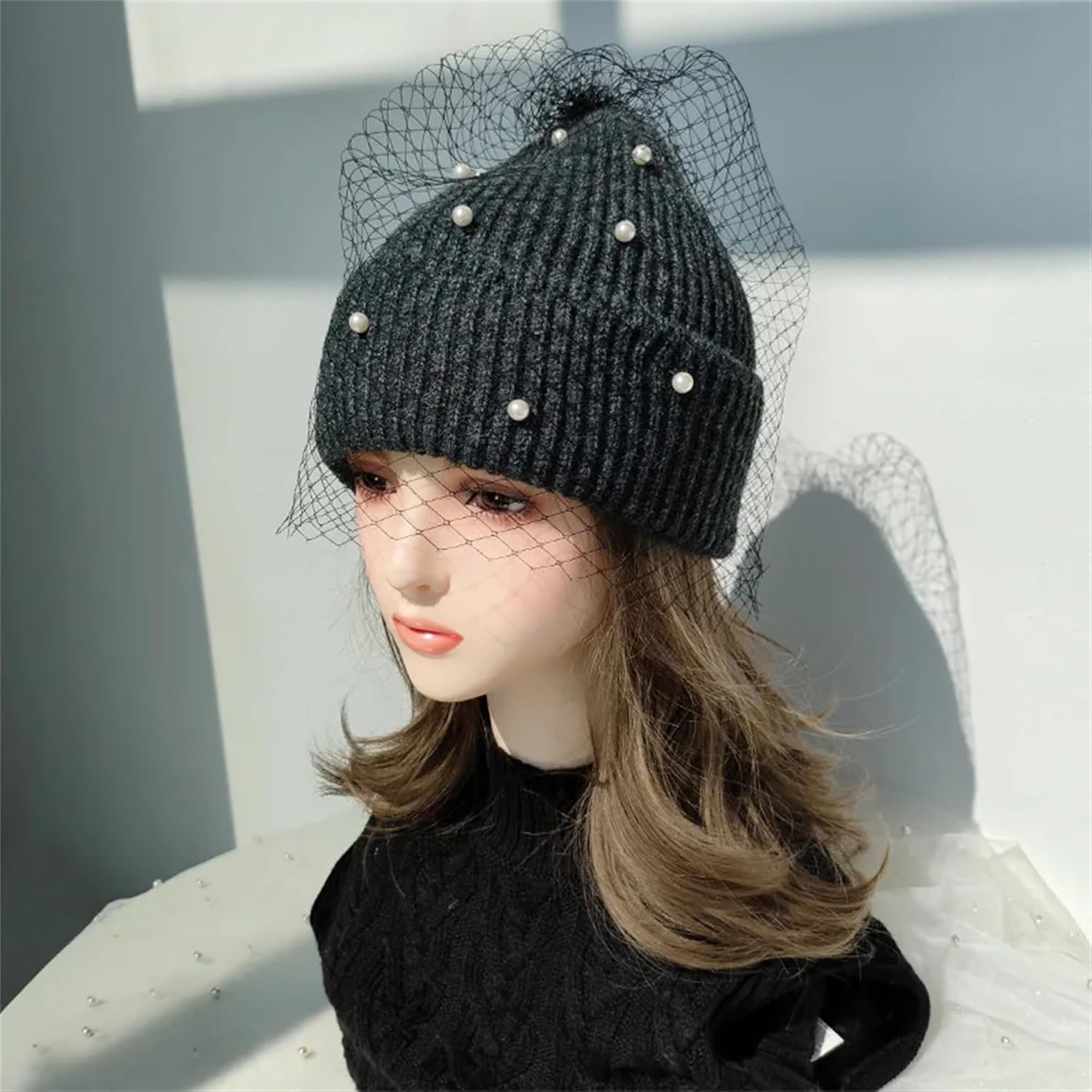 Women's Shiny Rhinestone Casual Knit Beanie with Veil Fall Winter Warm Cold Weather Hat Ladies Outdoor Sports Skiing Hats
