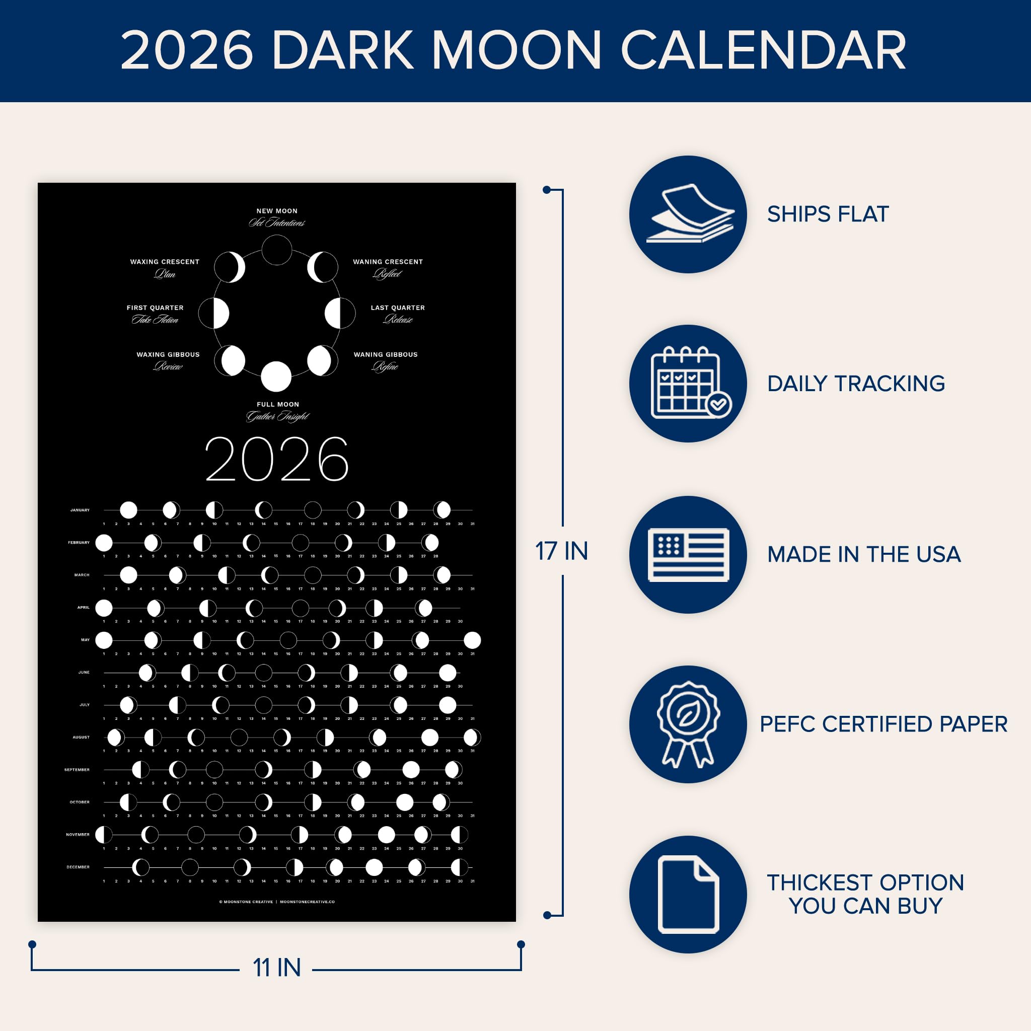 2026 Dark Moon Phase Calendar (SHIPS FLAT) Hangable Lunar Wall