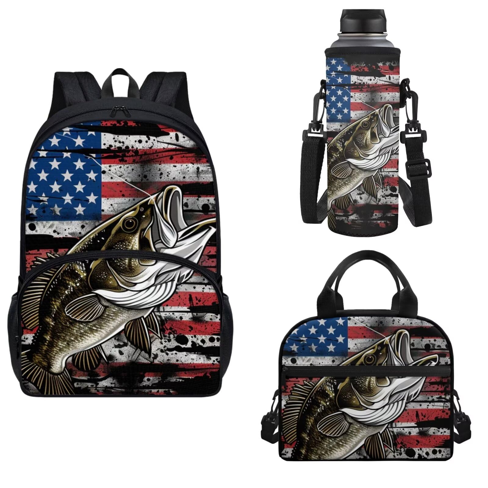Horeset American Flag Fish Print Backpack Set for Boys School Bag with Lunch Box Water Bottle Sling Bag, Water-Resistant College Students Shoulder