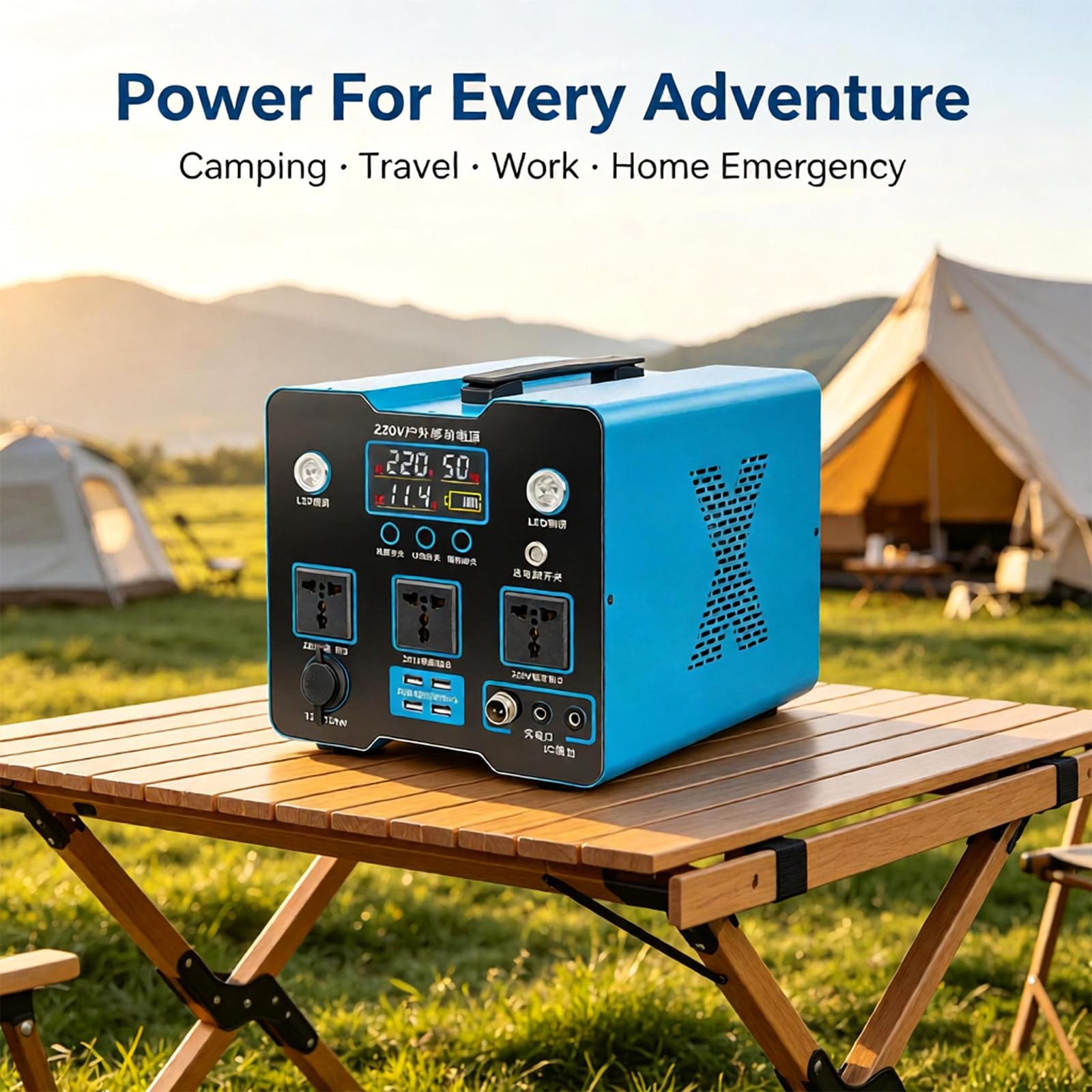 Generatore Senza Carburante 220V 1000W LFP, Schermo LCD Tensione Batteria 1000w | Corpo metallico con maniglia integrata e fessure di dissipazione, ottima ventilazione e trasporto semplice per viaggi.