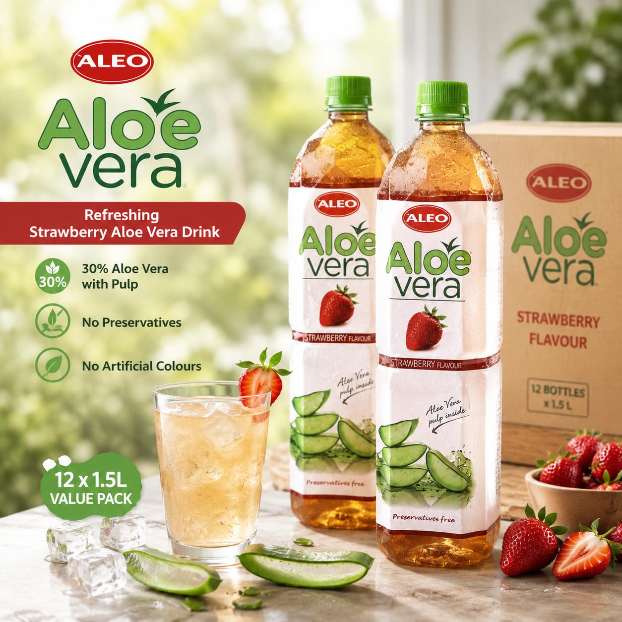 ALEO 1.5L Strawberry Aloe Vera Drink - Natural, No Preservatives, No Artificial Colors Superior Taste Award 2025