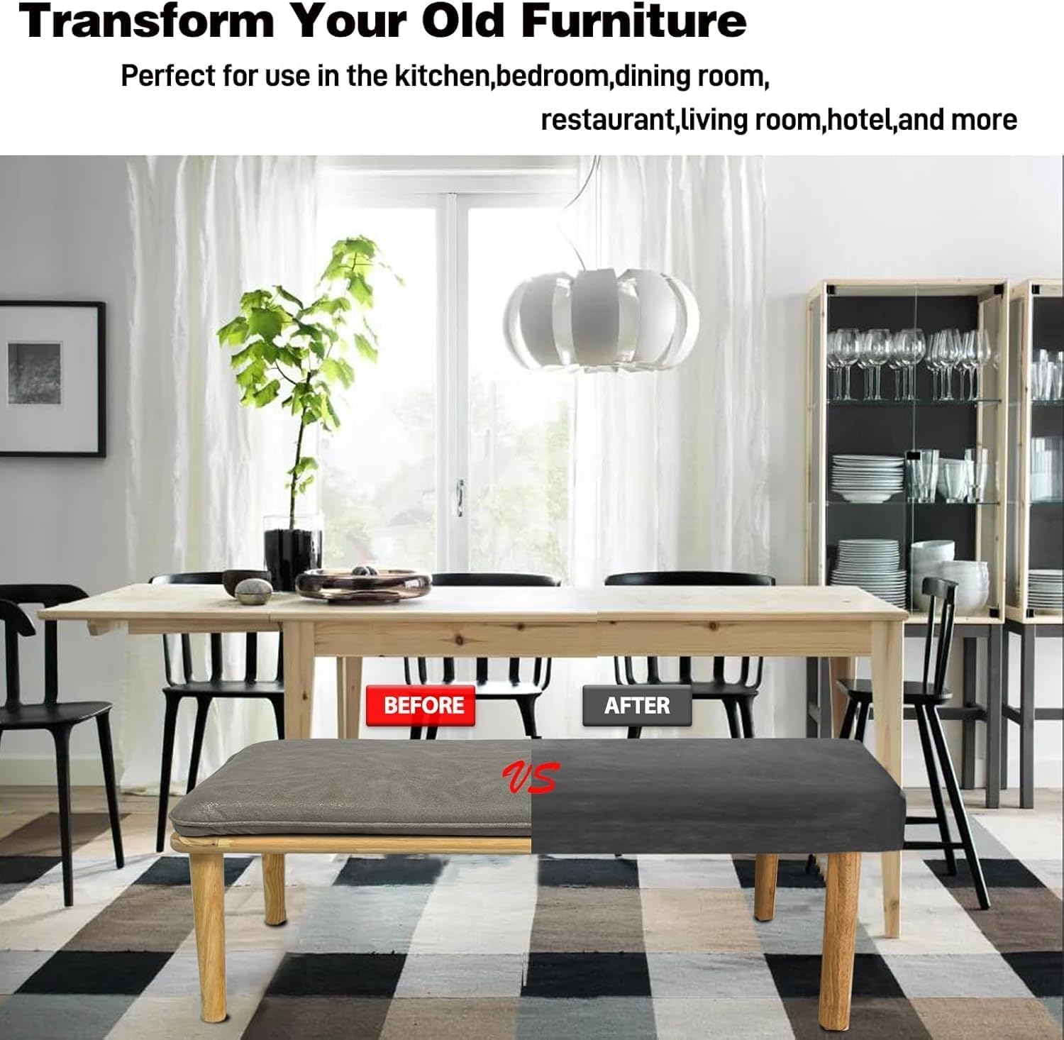 Stretch Dining Bench Cover Extra-Long (Up to 75") - Jacquard Slipcover Washable & Removable, Non-Slip Rectangular Bench Seat Protector for Kitchen, Living Room(Gray,67"-75”)