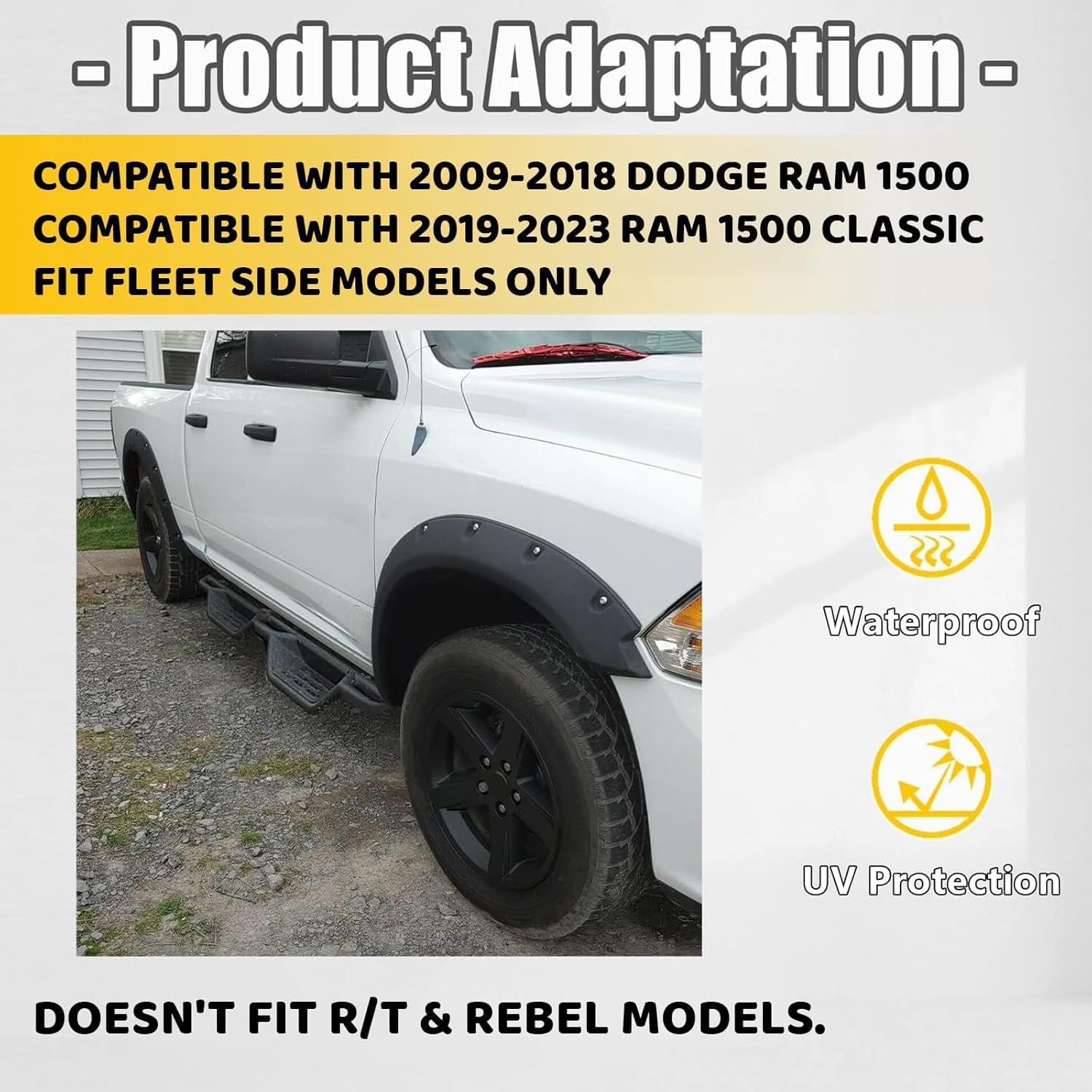 KUAFU Fender Flares Compatible with 2009-2023 Dodge Ram 1500 Classic Pocket Rivet Style Mud Guards Wheel Cover Protector Textured Black Front Rear Excludes R/T & Rebel