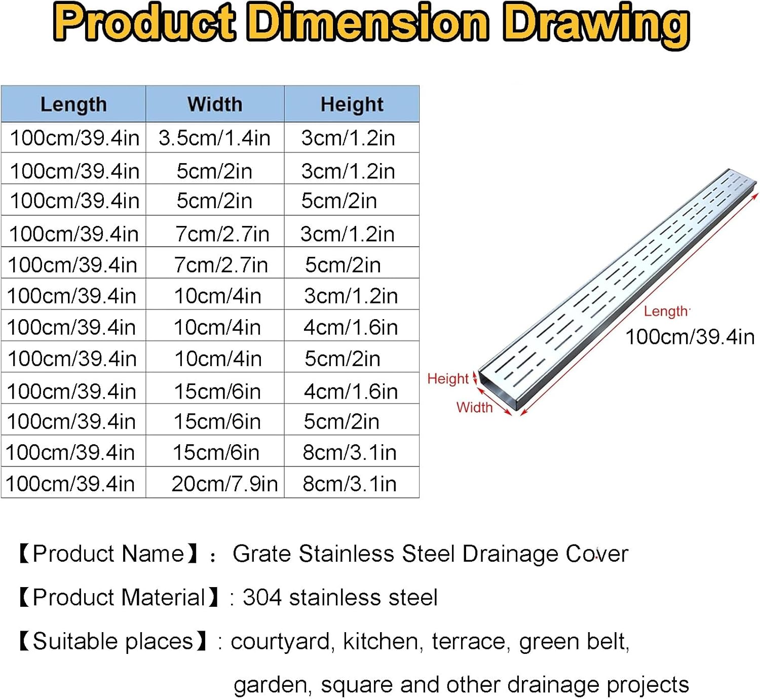 Slim Stainless Steel Trench Drain Kit - Removable Linear Gutter Cover & Grates for Outdoor Storm Drain, Yard, Patio, Bathroom, Garden, Sidewalk - Silver 5x3cm/2x1.2in