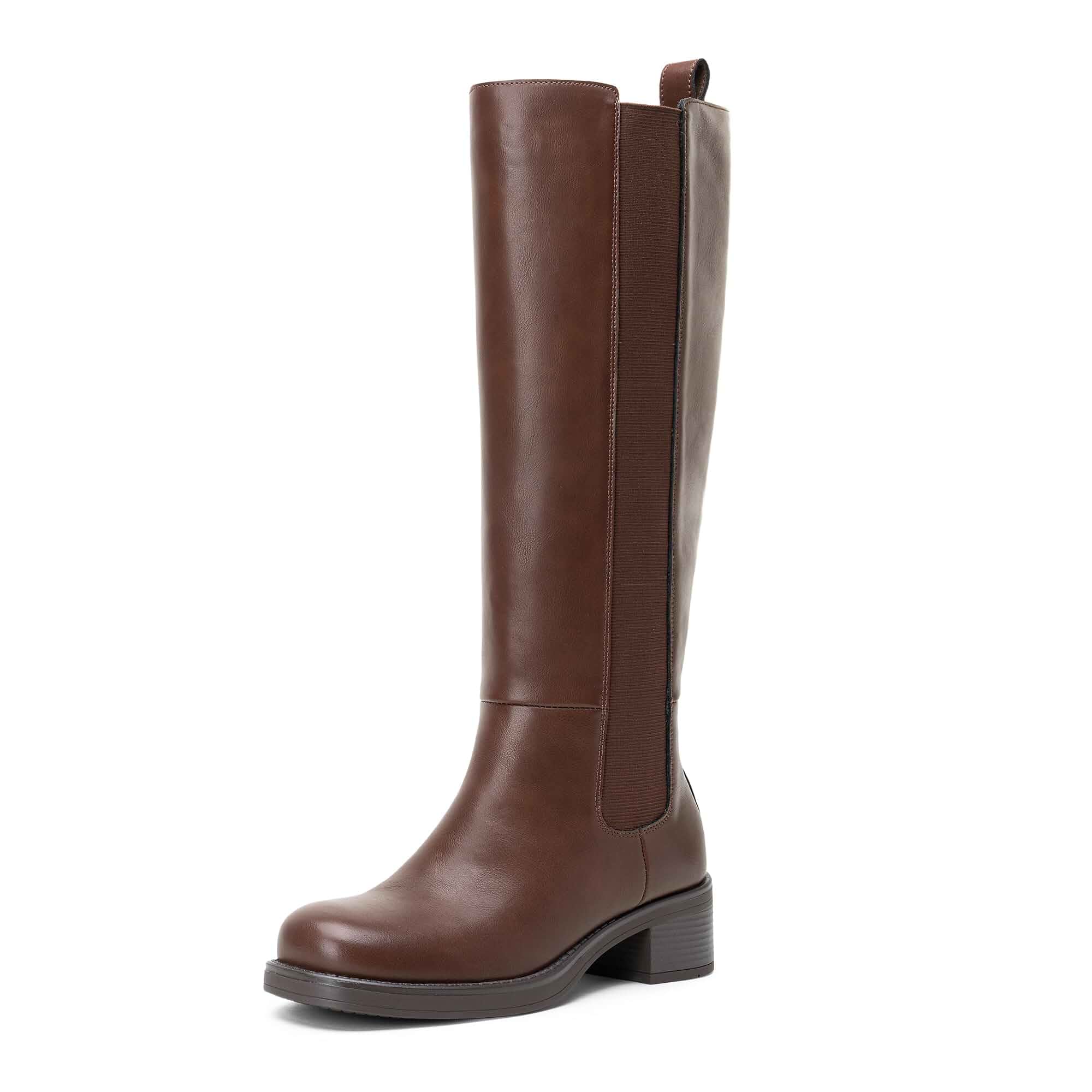 Vepose Women's Elastic Band Knee High Boots, Round Toe Pull On Tall Boots Equestrian full-length side zipper, stretch gusset panels, low block heel, comfort synthetic leather, memory foam, work wear