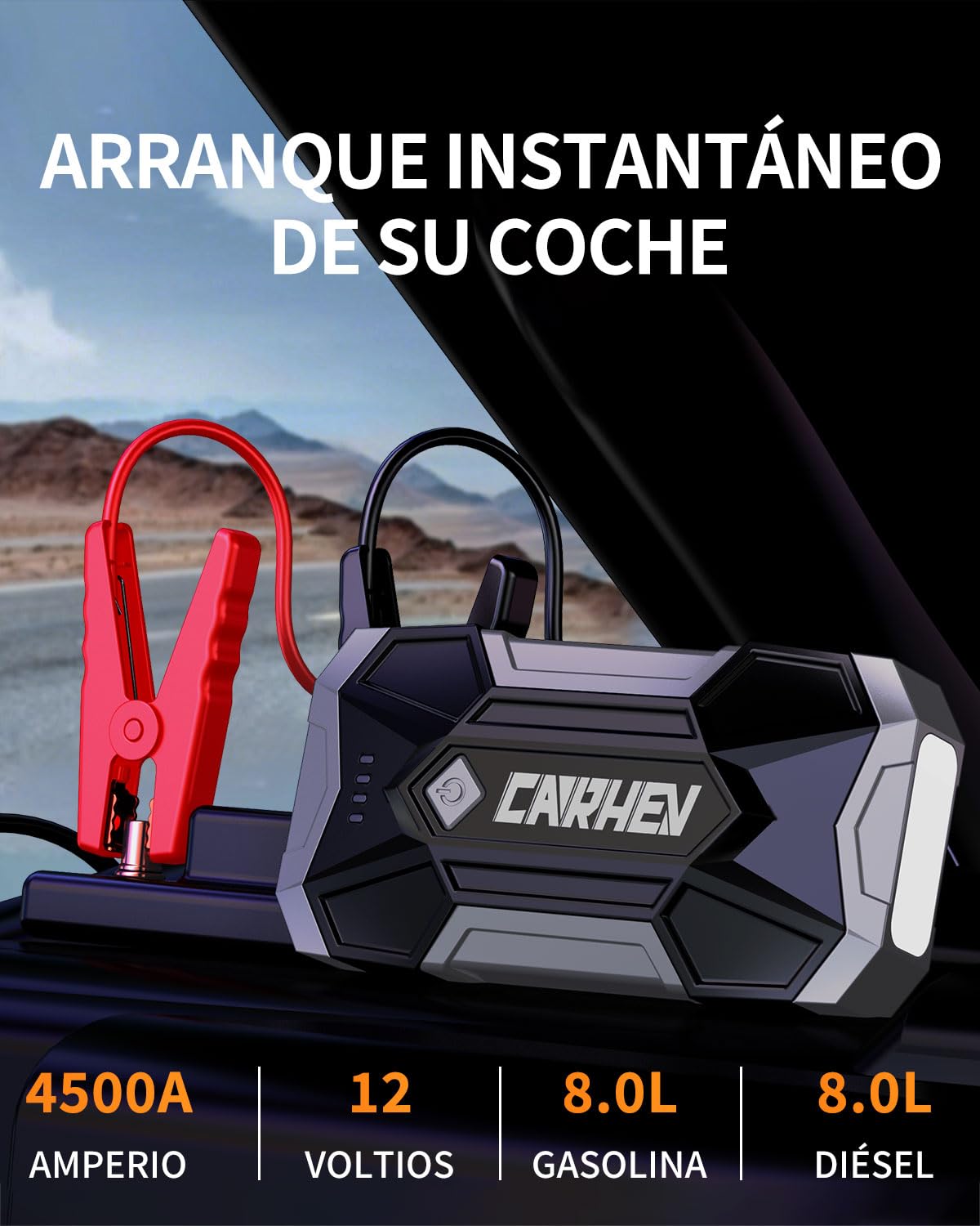 CARHEV Arrancador de Coche 4500A, Arrancador de Bateria de Coche Portátil (hasta 8,0L de Gas o 8,0L de Diésel), 12V Car Jump Starter con Linterna LED y Pinzas bateria Coches