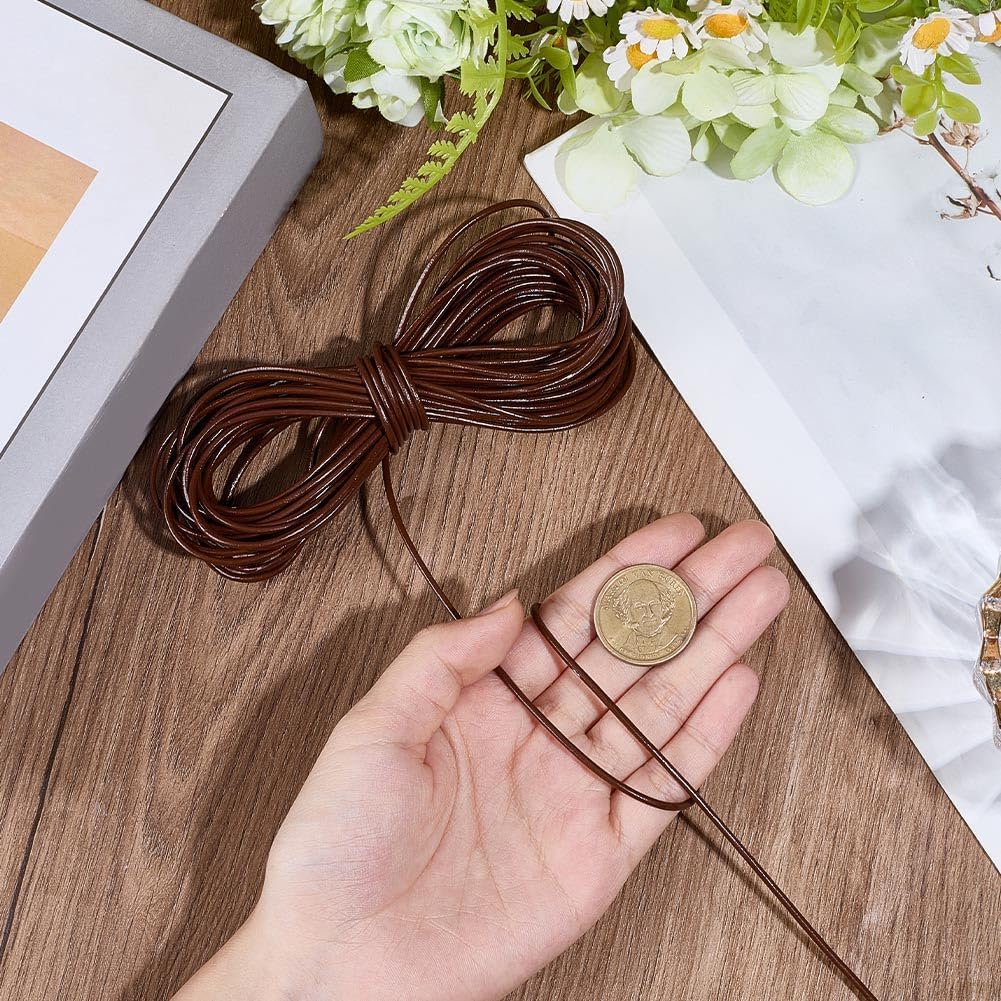 10.94 Yards 2mm Round Genuine Leather Cord Strap for Jewelry Making Cowhide Leather String Lace Cording Rope Braiding Strip Thread for Crafting Necklace Bracelets Wraps Beading(Brown)