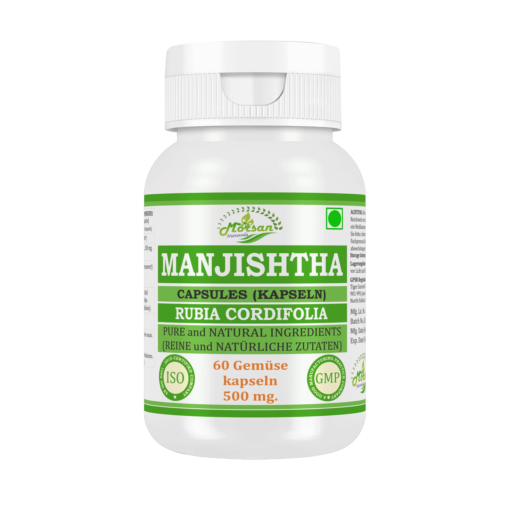 Manjishtha (Rubia Cordifolia, Manjith) Extrakt mit 10:1 Stärke, 500 mg x 60 vegane Kapseln | Ayurvedisches Kräuterergänzungsmittel für Männer und Frauen (2 Flaschen mit 60 Kapseln)