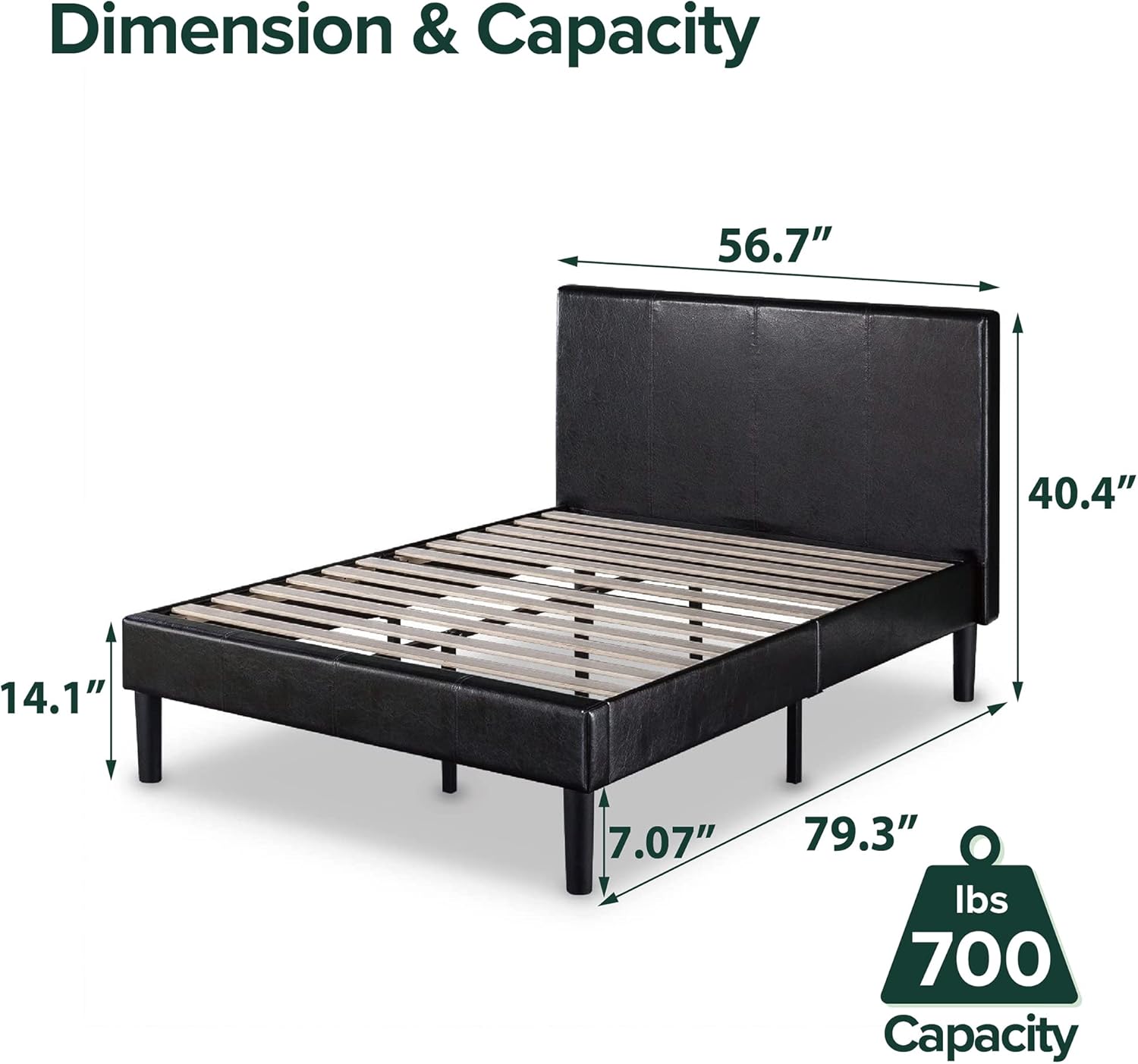 Diagram showing the dimensions and 700 lbs weight capacity of the bed frame