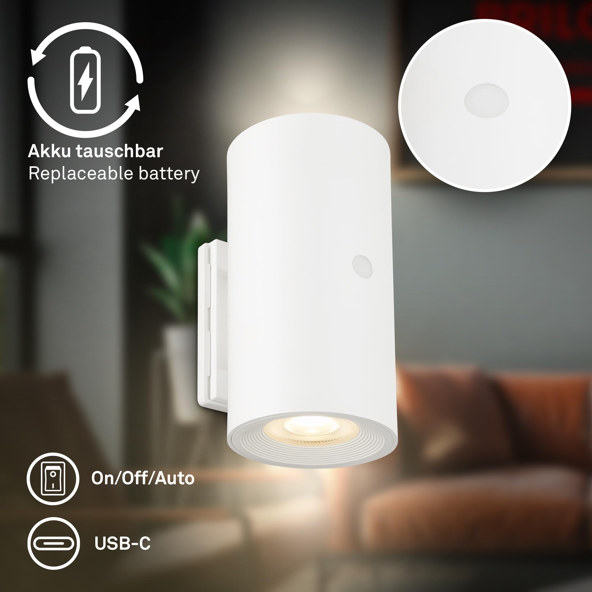 BRILONER Sticklights lampa ścienna bez prądu i wiercenia z baterią, dotykowa, możliwość ściemniania, ciepła biel, bezprzewodowa, do ponownego ładowania, na ścianę, 6,1 x 12 cm, biała