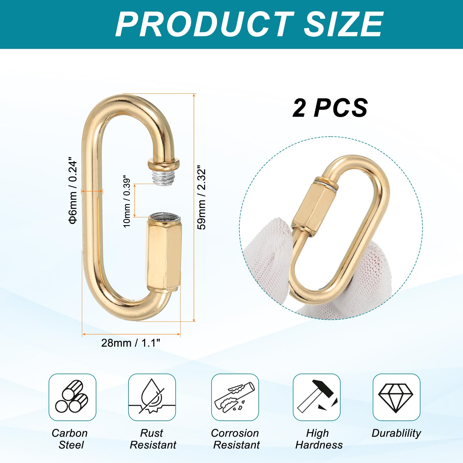 MECCANIXITY Chain Connectors, 6mm Thick Quick Link Screw Lock Oval Clips for Chandelier Pendant Lights, Light Gold, Pack of 2