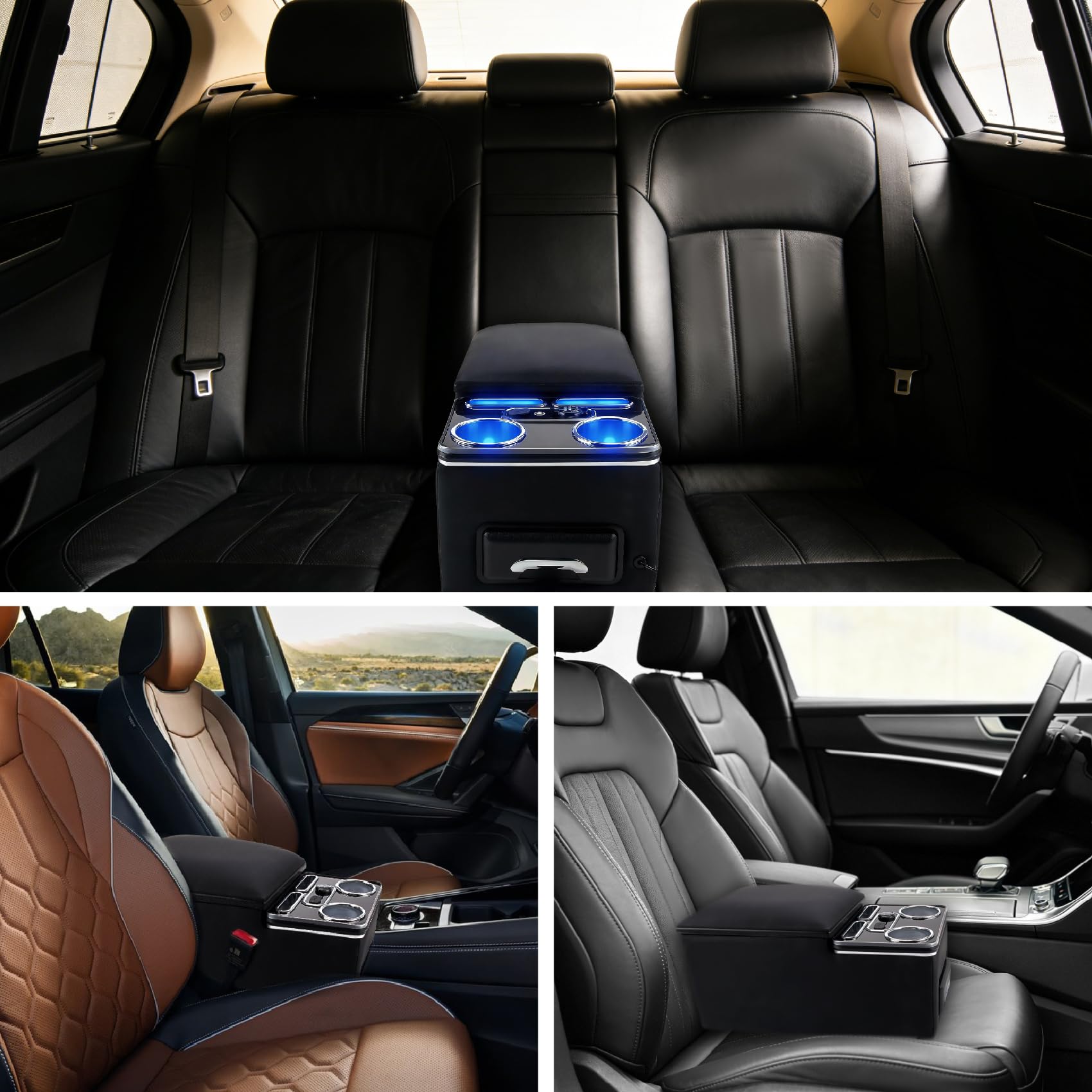 Consola central universal para coche con estantes, organizador con soporte para bebidas, puerto USB y 7 luces LED, compatible con autobús, camiones, furgonetas, SUV, asiento trasero y asiento