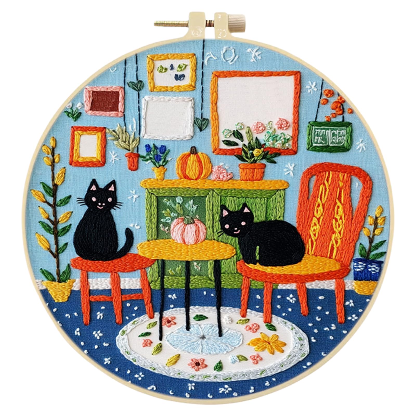 POETRYDRAW DIY Embroidery Kit with Two Black Cats, 30x30cm Cotton Fabric, Bamboo Hoop, Complete Needlework Set for Beginners & Adults