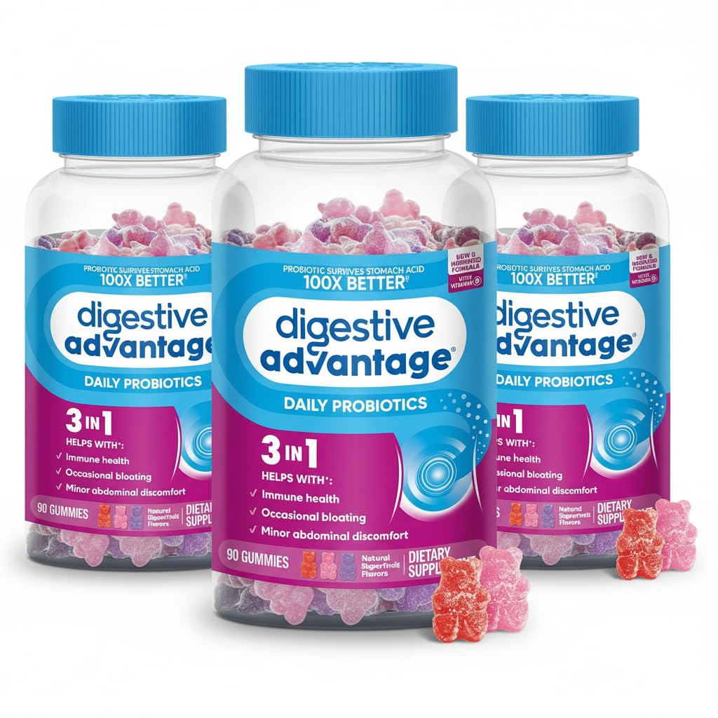 Digestive Advantage Daily Probiotic Gummies for Digestive Health & Gut Health, Probiotics for Men and Women (90 Count Bottle) - Superfruit Flavor (Pack of 3)