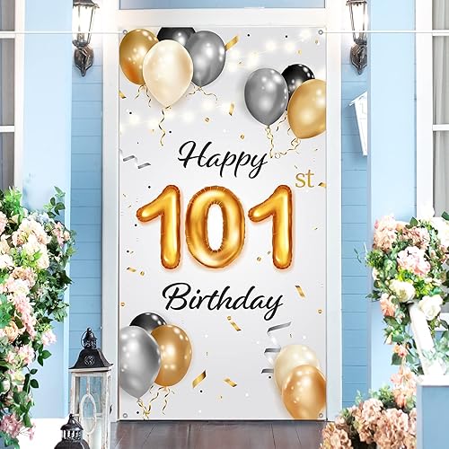 Cartel de feliz cumpleaños número 101  Cubierta de puerta de fiesta de cumpleaños número 101 para mujeres y hombres  Saludos a 101 años  Decoración