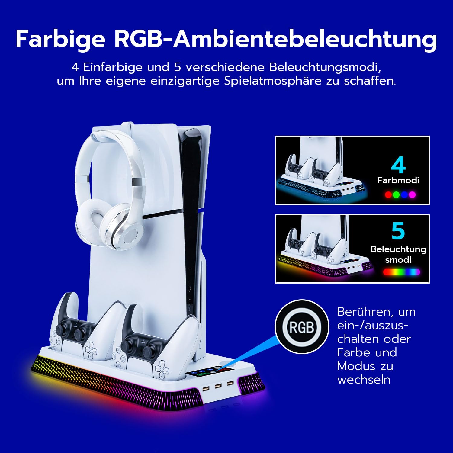 Wigearss PS5/PS5 Slim/PS5 Pro Kühler Standfuß mit Dual Controller Ladegerät, PS5 Controller Ladestation Standfuß mit Lüftert, RGB Licht für PS5/PS5 Slim/PS5 PRO UHD/Digital Edition
