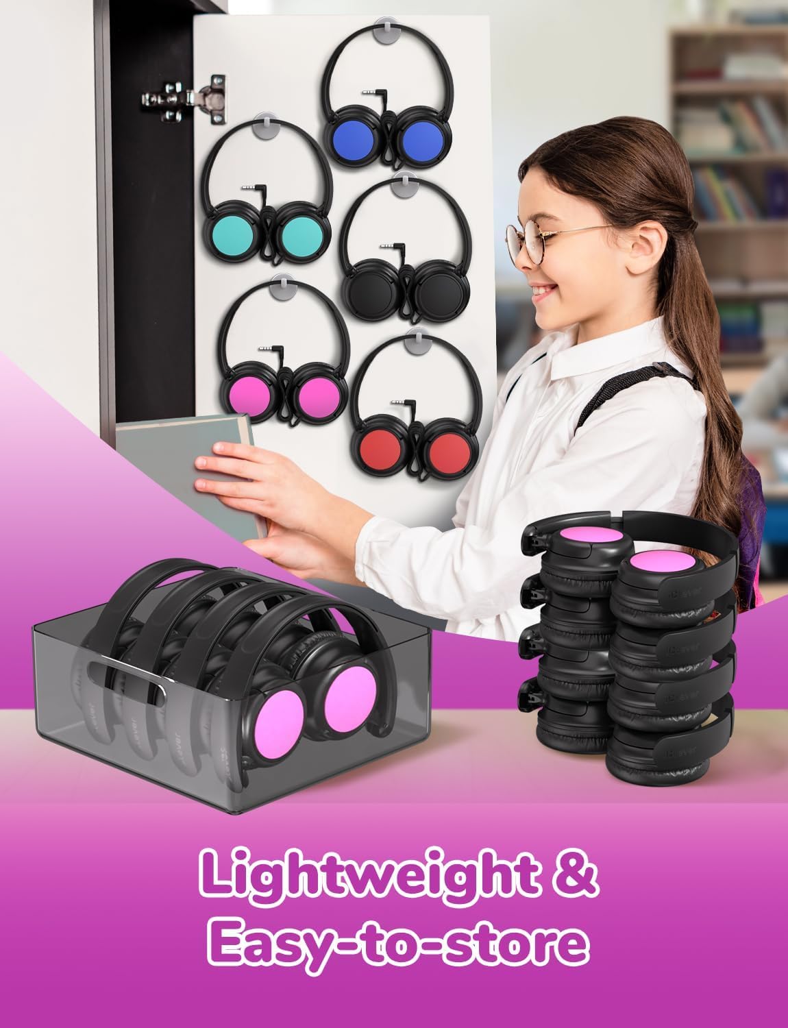 iClever Cuffie per bambini con cavo, confezione da 5, cuffie per bambini per la scuola | SafeSound Tech, suono stereo, pieghevoli, anti-groviglio, comode cuffie over-ear per bambini, robuste cuffie con cavo
