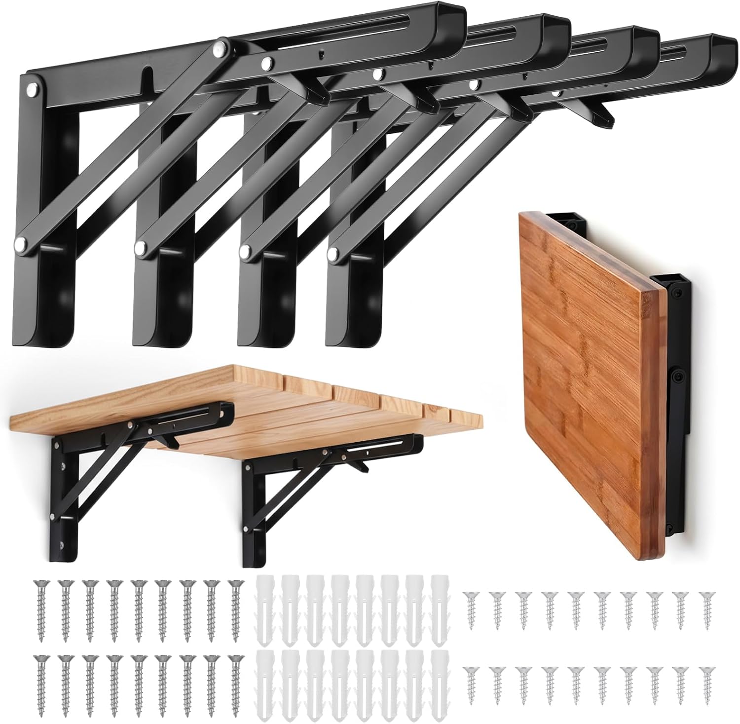 4 Pcs Folding Shelf Brackets, 10 Inch Heavy Duty Metal Foldable Triangle Wall Mounted Table Hinge, Space Saving Black Brackets for Bench Table DIY with Screws