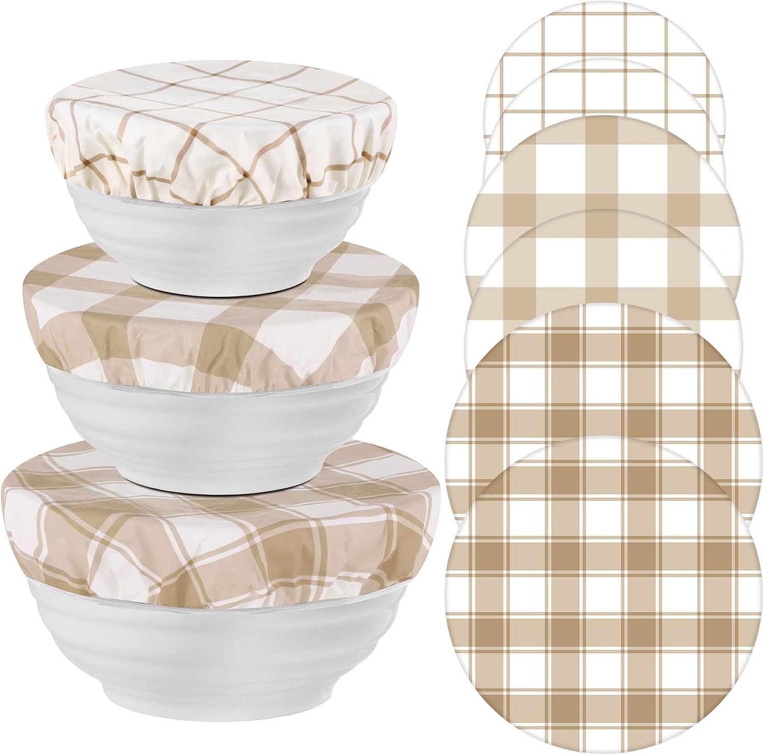Tranqun 6 Pcs Reusable Bowl Covers for Bread Proofing 8/10/12 Inch Beeswax Bowl Covers, Elastic Cotton Cloth Sourdough Caps Plaid Stretchy Leakproof Fresh for Dough Proofing and Food Storage