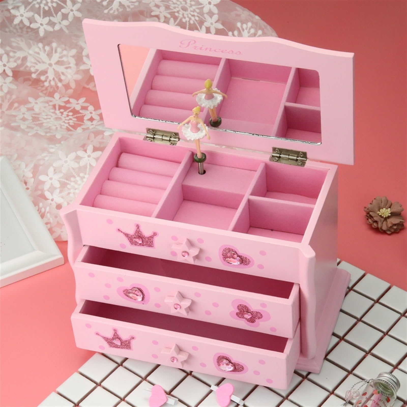 joyero Joyero for niñas, caja de música grande de 3 capas con organizador de joyas de bailarina giratoria for regalo de cumpleaños for niños grande