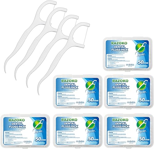 RAZOKO Palillos de dientes profesionales de alta dureza, paquete de 6 (300 piezas) con estuche portátil y púas dentales, perfectos para la familia,