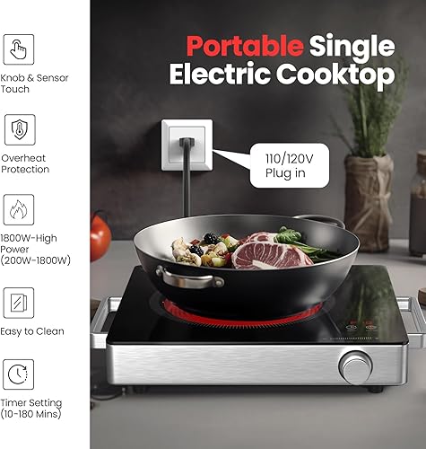 Miniatura 3 de Quemador eléctrico de placa caliente de 1800 W, quemador portátil para cocinar con temperatura ajustable y asas que se mantienen frescas, acero