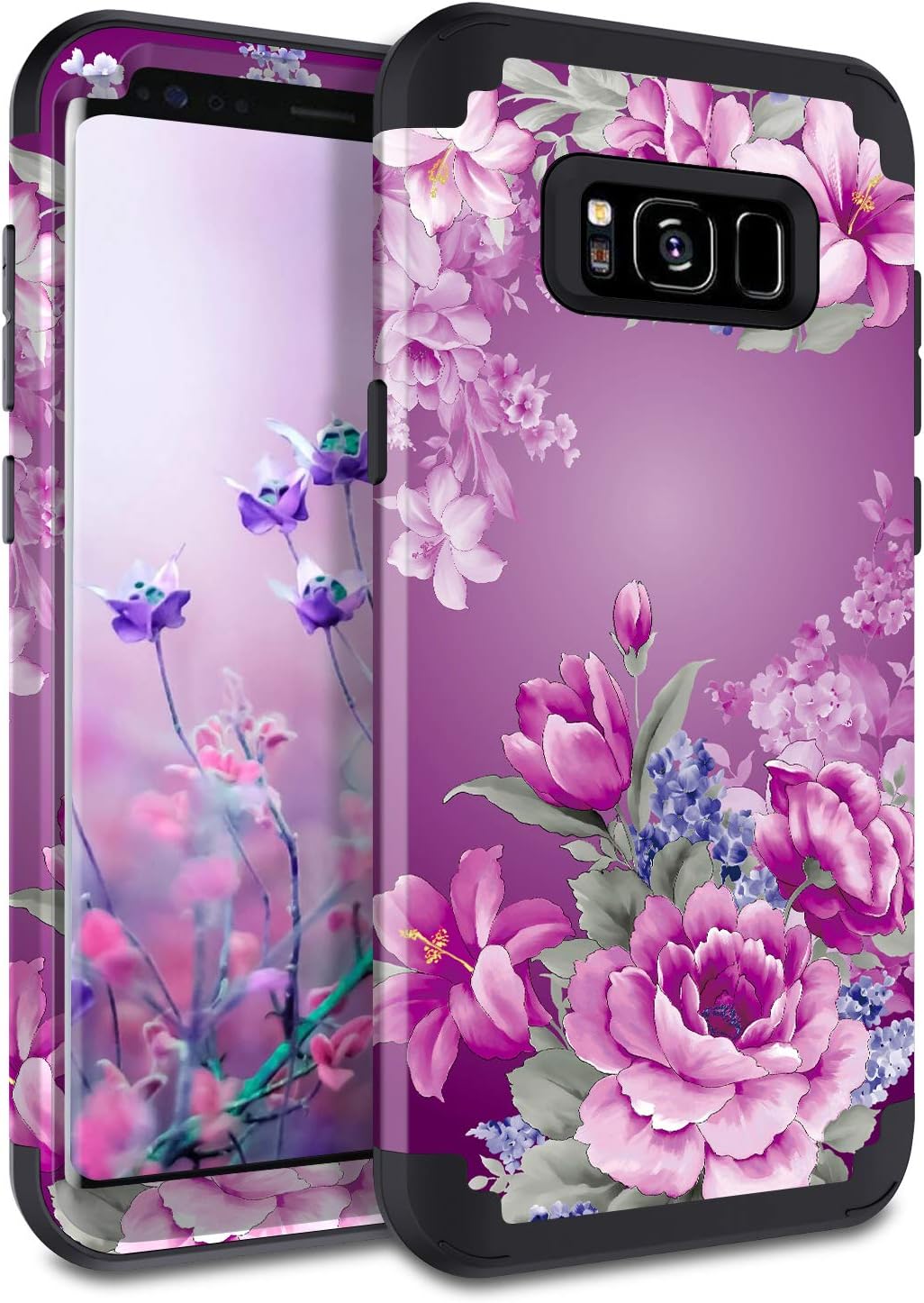 LONTECT Compatible Galaxy S8 Plus Case Floral 3 in 1 Heavy Duty Hybrid Sturdy High Impact Shockproof Protective Cover Case for Samsung Galaxy S8 Plus, Black/Purple Flower